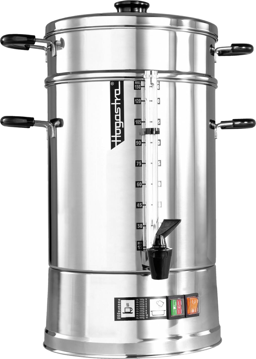 Hogastra Hogastra GmbH Coffee machine CNS-130 Kaffee-Automat CNS-130 Coffee machine CNS-130; 16.5 l, 28x57 cm (ØxH); silver/black Kaffee-Automat CNS-130; 16.5 l, 28x57 cm (ØxH); silber/schwarz Stainless steel coffee brewer CNS 130 for gastronomy & catering - maintenance-free, robust & aromatic Discover the perfect combination of traditional brewing skills and modern durability! Our professional CNS 130 stainless steel coffee brewer has been specially developed for use in commercial kitchens, restaurants, bakeries and catering businesses - for full coffee enjoyment, simple operation and maximum reliability. High quality - for perfect coffee enjoyment The traditional brewing method at 95 °C without pressure build-up guarantees a full, round flavour - just like hand-brewed coffee. Thanks to the constant heat retention temperature of approx. 83 °C, the coffee remains fresh and aromatic for hours - ideal for continuous serving. The CNS 130 is specified for a coffee volume of 2.0 - 16.5 litres. The brewing time for 130 cups is approx. 70 minutes. * Seamless, polished stainless steel containers - hygienic, easy to clean and extremely robust. * Maintenance-free: no expensive follow-up costs, no sensitive electronics. * Stable stainless steel base with insulated handles for maximum safety. * Separate heating elements for brewing and keeping warm - efficient and energy-saving. Practical details that make the difference * Double function: brewing and keeping warm in one appliance. * Non-drip tap with level glass - easy to read the remaining quantity. * Internal water level indicator - convenient filling. * Stainless steel top filter with micro-fine filter disc - no filter paper required! * Automatic boil-dry protection and safety thermal limit switch for worry-free operation. * Splash-proof, GS and CE certified - approved for professional commercial kitchen use. * 2-year guarantee and 10-year spare parts supply via our central service centre. Flexible & mobile Thanks to its robust construction and splash-proof design, the coffee brewer can also be used outdoors - perfect for events, buffets or catering. Advantages at a glance: * Maintenance-free & durable * Brewing and keep-warm function in one appliance * No filter papers required * Ideal for gastronomy, commercial kitchens & catering * Safe and mobile Edelstahl-Kaffeebrüher CNS 130 für Gastronomie & Catering – wartungsfrei, robust & aromastark Entdecken Sie die perfekte Kombination aus traditioneller Brühkunst und moderner Langlebigkeit! Unser professioneller Edelstahl-Kaffeebrüher CNS 130 wurde speziell für den Einsatz in Großküchen, Gastronomie, Bäckereien und Cateringbetrieben entwickelt – für vollen Kaffeegenuss, einfache Bedienung und höchste Zuverlässigkeit. Hochwertige Qualität – für perfekten Kaffeegenuss Die traditionelle Brühweise bei 95 °C ohne Druckaufbau garantiert ein volles, rundes Aroma – ganz wie handgebrüht. Dank der konstanten Warmhaltetemperatur von ca. 83 °C bleibt der Kaffee über Stunden hinweg frisch und aromatisch – ideal für den durchgehenden Ausschank. Der CNS 130 ist für ein Kaffeevolumen von 2,0- 16,5 Liter angegeben. Die Brühzeit beträgt für 130 Tassen ca. 70 Minuten. * Nahtlos gezogene, polierte Edelstahl-Behälter – hygienisch, pflegeleicht und extrem robust. * Wartungsfrei: Keine teuren Folgekosten, keine empfindliche Elektronik. * Standsicherer Gerätesockel aus Edelstahl mit isolierten Griffen für maximale Sicherheit. * Separate Heizelemente für Brühen und Warmhalten – effizient und energiesparend. Praktische Details, die den Unterschied machen * Doppelfunktion: Brühen und Warmhalten in einem Gerät. * Non-Drip-Hahn mit Pegelglas – leichtes Ablesen der Restmenge. * Innenliegende Wasserstandsanzeige – komfortables Befüllen. * Edelstahl-Aufsatzfilter mit Micro-Feinfilterscheibe – kein Filterpapier nötig! * Automatischer Trockengehschutz und Sicherheits-Thermoendschalter für sorgenfreien Betrieb. * Spritzwassergeschützt, GS- und CE-zertifiziert – zugelassen für den professionellen Großkücheneinsatz. * 2 Jahre Garantie und 10 Jahre Ersatzteilversorgung über unseren Zentral-Service. Flexibel & mobil Dank der robusten Bauweise und der spritzwassergeschützten Ausführung ist der Kaffeebrüher auch im Freien einsetzbar – perfekt für Events, Buffets oder Catering. Vorteile auf einen Blick: * Wartungsfrei & langlebig * Brüh- und Warmhaltefunktion in einem Gerät * Keine Filterpapiere nötig * Ideal für Gastronomie, Großküche & Catering * Sicher und mobil