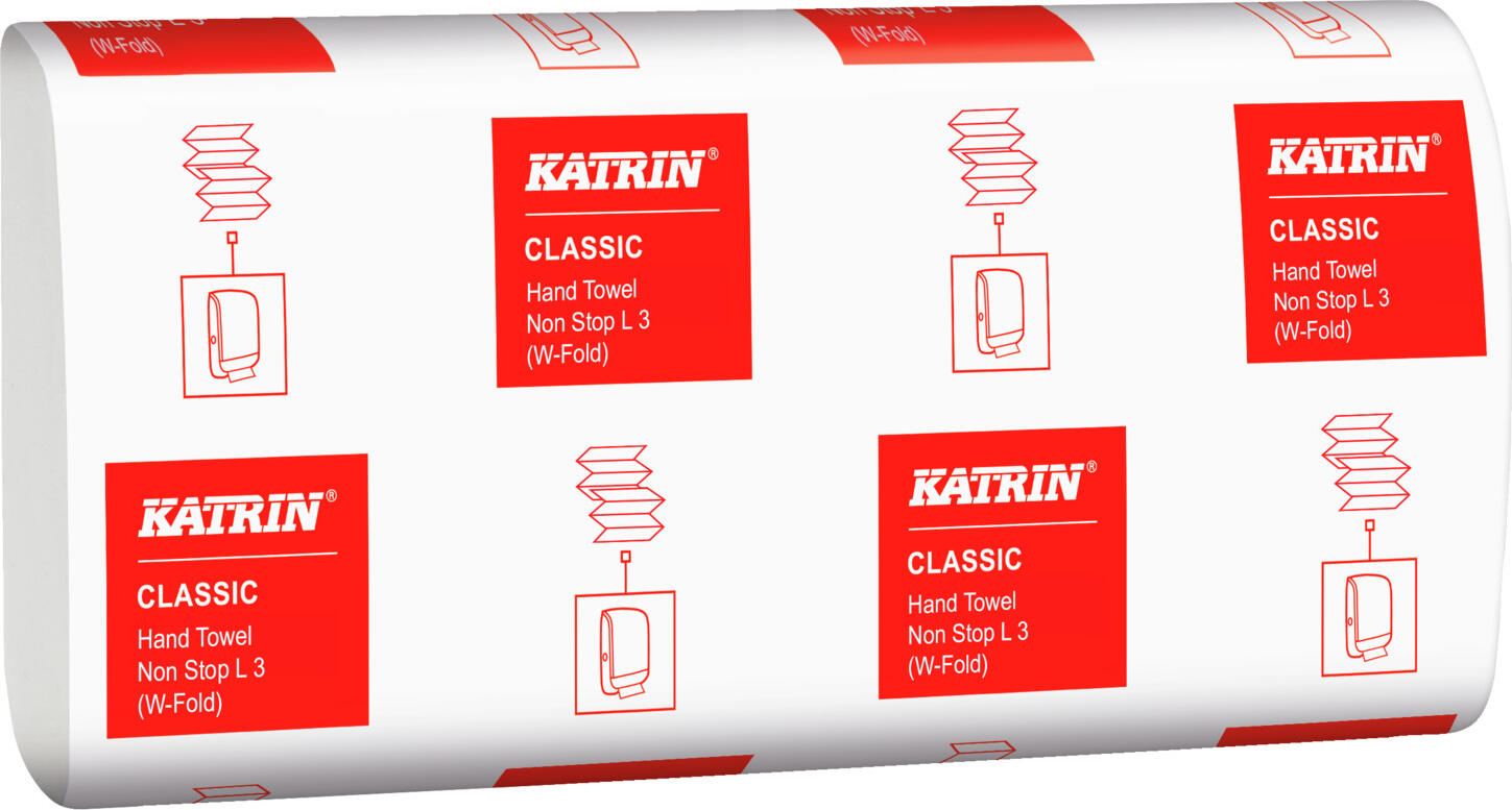 Katrin Metsä Tissue GmbH Paper towel Classic Non-Stop 3-ply W-fold Falthandtuch Classic Non-Stop 3-lagig W-Falz Paper towel Classic Non-Stop 3-ply W-fold; 32x24 cm (LxW); white; 25 piece / pack Falthandtuch Classic Non-Stop 3-lagig W-Falz; 32x24 cm (LxB); weiß; 25 Stück / Pack Paper towel with modern pinwheel embossing for better and faster moisture absorption. The paper towels for towel dispensers are made of 100% recycled paper, are 3-ply and have interfold folding. The W-fold technology ensures controlled consumption and means that users only touch the towel they are using. Highly absorbent, tear resistant, white and economical to use. Packaged in recyclable Handy-Pack with handle for easy carrying. Suitable for our towel dispensers SKU 20090749 and 10053161. Certified with the EU Ecolabel as well as Nordic Ecolabel. Scope of delivery: 25 banderoles with 90 sheets each = 2,250 sheets. * Paper towels for hotel use * For filling paper towel dispenser systems * Made of 100% recycled paper and therefore particularly environmentally friendly * 3-ply, with interfold folding * Extra soft texture for highest comfort * Tear-resistant and absorbent * Scope of delivery: 25 banderoles with 90 sheets each Whether for drying hands or as an absorbent paper towel for the quick removal of dirt - the paper towels CLASSIC are universally applicable and provide you with good services in everyday hotel life. Your guests will appreciate the pleasant texture of the disposable towels. For daily use and a hygienic environment in bathrooms and sanitary facilities, the paper towels are ideal. Weiches Falthandtuch Classic aus 100 % Recycling-Papier. 3-lagig mit W-Falz (4 Flächen), Interfold-Falzung und breitem Blattformat (24 cm). Empfohlen für alle niedrig- bis hochfrequentierten Waschräume und höhere Anwendererwartungen. Die einzigartige Windrad-Prägung bietet ausgezeichnete Absorptionseigenschaften bei angenehmer Weichheit. Die Folienverpackung ist zu 100 % recycelbar und enthält mindestens 30 % Recyclinganteil. Zertifiziert mit dem Nordic Swan Umweltzeichen und dem EU-Ecolabel. Lieferumfang: 25 Banderolen mit je 90 = 2.250 Blatt. Passende Falthandtuchspender gleich mitbestellen.