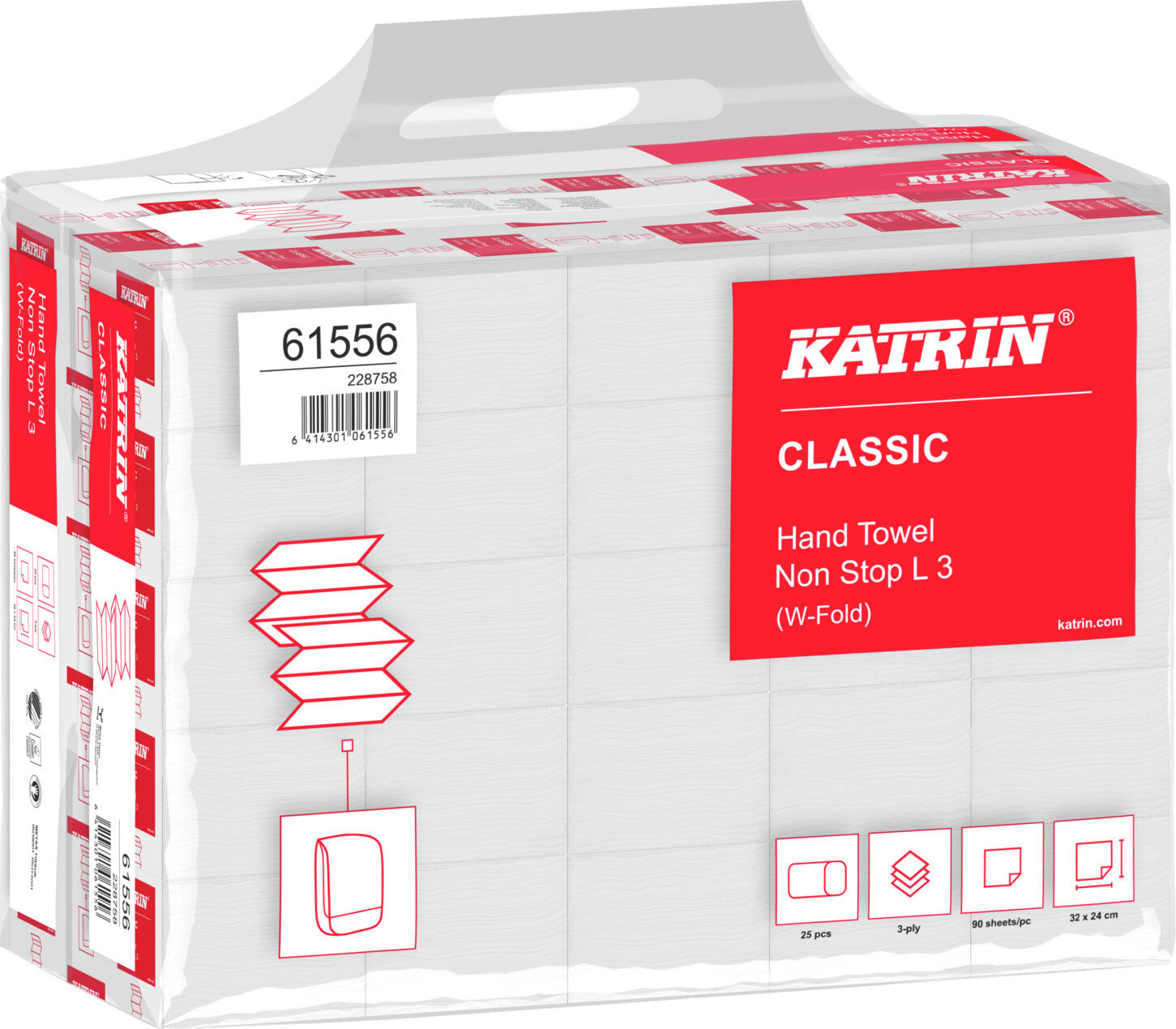 Prosoape de mana Katrin Classic Non Stop L 3, 3 straturi, hartie reciclata, albe, pliat W, 32 x 24 cm, absorbante, EU Ecolabel