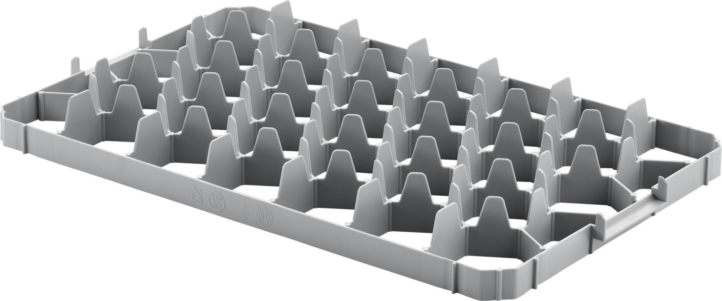 Ringoplast Ringoplast Leubsdorf GmbH Shelf insert Komfort Ø 7.5 m / top part Fachwerkeinsatz Komfort Ø 7,5cm / oben Shelf insert Komfort Ø 7.5 m / top part; 60x40x6.2 cm (WxDxH); grey Fachwerkeinsatz Komfort Ø 7,5cm / oben; 60x40x6.2 cm (BxTxH); grau Shelf insert for transport and rinsing systems made of polyethylene. With 33 compartments. Ideal for transporting glasses with a maximum of 7.5 cm, depending on size also with handle. This top part fixes glasses in addition to the bottom by engaging them laterally in the handle recess of the crate. Dishwasher safe. Fachwerkeinsatz für Transport- und Spülkastensysteme aus Polyethylen. Mit 33 Fächern, sechseckige Wabe. Ideal zum Transportieren von Gläsern mit maximal 7,5 cm, je nach Größe auch mit Henkel. Dieses Oberteil fixiert Gläser zusätzlich zum Boden durch seitliches Einrasten in die Griffaussparung des Kastens. Spülmaschinenfest.