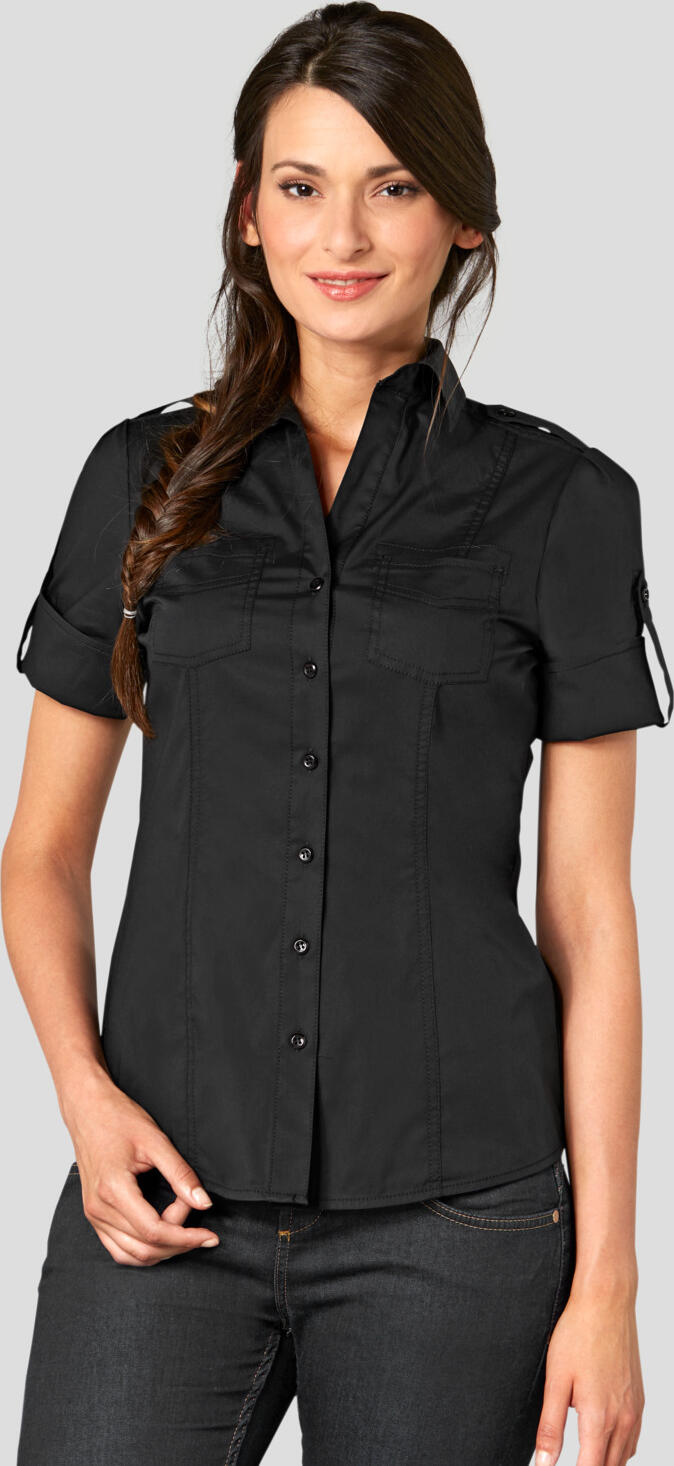 Bluza pentru femei Jobeline Kate, din bumbac cu spandex, maneca scurta, croiala pe talie, guler V, buzunare la piept, epauleti, OEKO-TEX Standard 100