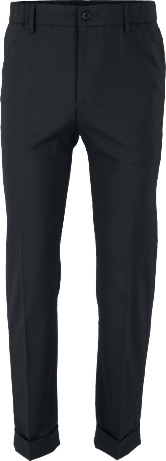 JOBELINE LUSINI Solutions GmbH Men's trousers Tommy Herren Hose Tommy Men's trousers Tommy; Size 54; black Herren Hose Tommy; Kleidergröße 54; schwarz Casual, elegant slip-on waistband trousers in jogger style for men. Comfortable stretch waistband in the back and internal bands in the front to regulate the waist size. With belt loops. Practical side slit pockets and two welt pockets on the buttocks. Narrow tapered leg with lapels at the hem. Particularly crease-resistant and easy-iron material. Easy care and washable at 30°C on gentle cycle. 38 % polyester, 30 % wool, 30 % viscose, 2 % spandex. 30 °C gentle wash. Inside leg length: 78 cm for size 50. 50 % Polyester, 29 % Wolle, 19 % Viskose, 2 % Elasthan. 30°-Schonwäsche. Lässige, elegante Schlupfbundhose im Joggerstyle für Herren aus besonders knitterarmem, pflegeleichtem Material. Komfortabler Dehnbund im Rücken und innen liegende Bänder vorne zur Regulierung der Bundweite. Mit Gürtelschlaufen, praktischen seitlichen Einschubtaschen und zwei Paspeltaschen am Gesäß. Schmal zulaufendes Bein mit Aufschlag am Saum. Bequeme Passform. Innenbeinlänge: 78 cm in Gr 50