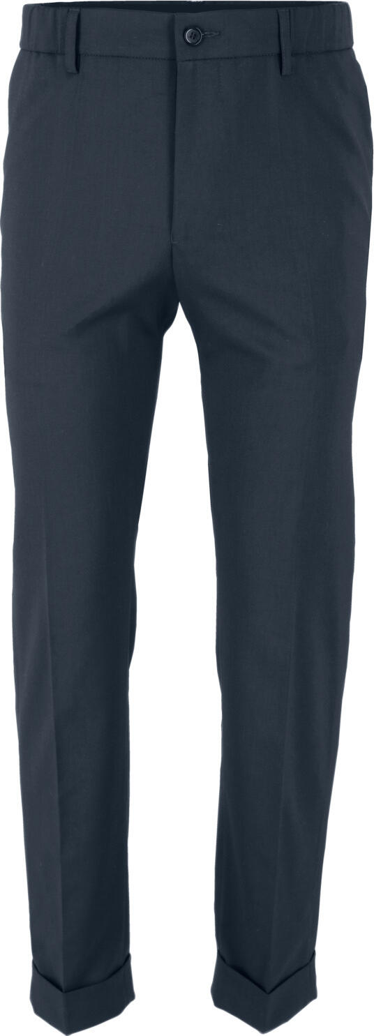 JOBELINE LUSINI Solutions GmbH Men's trousers Tommy Herren Hose Tommy Men's trousers Tommy; Size 58; navy Herren Hose Tommy; Kleidergröße 58; navy Casual, elegant slip-on waistband trousers in jogger style for men. Comfortable stretch waistband in the back and internal bands in the front to regulate the waist size. With belt loops. Practical side slit pockets and two welt pockets on the buttocks. Narrow tapered leg with lapels at the hem. Particularly crease-resistant and easy-iron material. Easy care and washable at 30°C on gentle cycle. 38 % polyester, 30 % wool, 30 % viscose, 2 % spandex. 30 °C gentle wash. Inside leg length: 78 cm for size 50. 50 % Polyester, 29 % Wolle, 19 % Viskose, 2 % Elasthan. 30°-Schonwäsche. Lässige, elegante Schlupfbundhose im Joggerstyle für Herren aus besonders knitterarmem, pflegeleichtem Material. Komfortabler Dehnbund im Rücken und innen liegende Bänder vorne zur Regulierung der Bundweite. Mit Gürtelschlaufen, praktischen seitlichen Einschubtaschen und zwei Paspeltaschen am Gesäß. Schmal zulaufendes Bein mit Aufschlag am Saum. Bequeme Passform. Innenbeinlänge: 78 cm in Gr 50