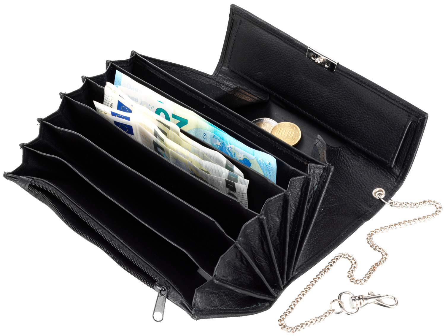 PULSIVA Lugano Waiter's Wallet, Full Grain Leather, Black, 17.5 x 9 cm, 6 Bill Compartments, Zippered Pocket, Metal Clasp and Purse Chain