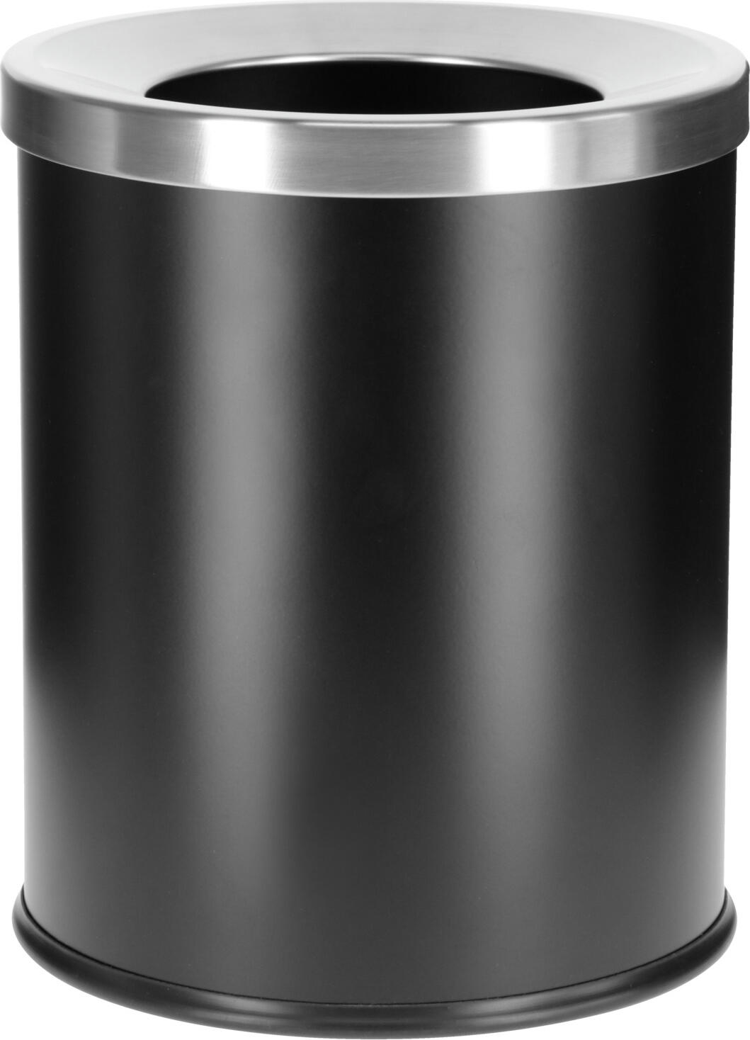 PULSIVA LUSINI Solutions GmbH Waste bin hotel room Magma  with stainless steel ring Papierkorb Hotelzimmer Magma  mit Edelstahlring Waste bin hotel room Magma  with stainless steel ring; 20.5x25 cm (ØxH); black/silver; round Papierkorb Hotelzimmer Magma  mit Edelstahlring; 20.5x25 cm (ØxH); schwarz/silber; rund This 7-litre Magma wastepaper basket is specially designed for use in hotel and guest rooms. It offers a functional, easy-care solution for daily use by guests and housekeeping. The robust plastic (PP) in combination with a removable stainless steel ring ensures a clean appearance, secure bin liner fixation and efficient bag replacement - ideal for structured cleaning processes in hotel operations. The waste bin is ideal for hotel rooms, guest rooms and serviced flats where tidiness, hygiene and discreet design are required. With a capacity of 7 litres, it covers the typical waste requirements in guest areas without taking up unnecessary space. The smooth, powder-coated surface can be wiped clean and supports quick cleaning in everyday housekeeping. The removable stainless steel ring holds the bin liner securely in place and enables it to be replaced quickly without having to empty or dismantle the bin completely. The single-bucket design without an inner bin reduces the amount of maintenance required. The waste bin is designed for easy handling and reliable use in daily hotel operations. Dieser 7-Liter-Papierkorb Magma ist speziell für den Einsatz in Hotel- und Gästezimmern konzipiert. Er bietet eine funktionale, pflegeleichte Lösung für den täglichen Gebrauch durch Gäste und Housekeeping. Der robuste Kunststoff (PP)  in Kombination mit einem abnehmbaren Edelstahlring sorgt für eine saubere Optik, sichere Müllbeutel-Fixierung und einen effizienten Beutelwechsel – ideal für strukturierte Reinigungsabläufe im Hotelbetrieb. Der Papierkorb eignet sich optimal für Hotelzimmer, Gästezimmer und Serviced Apartments, in denen Ordnung, Hygiene und dezentes Design gefragt sind. Mit einem Fassungsvermögen von 7 Litern deckt er den typischen Abfallbedarf im Gästebereich ab, ohne unnötig Platz einzunehmen. Die glatte, pulverbeschichtete Oberfläche ist abwischbar und unterstützt eine schnelle Reinigung im Housekeeping-Alltag. Der abnehmbare Edelstahlring hält den Müllbeutel sicher an Ort und Stelle und ermöglicht einen zügigen Austausch, ohne dass der Behälter komplett entleert oder zerlegt werden muss. Durch die Single-Bucket-Konstruktion ohne Inneneimer wird der Pflegeaufwand reduziert. Der Papierkorb ist auf einfache Handhabung und zuverlässige Nutzung im täglichen Hotelbetrieb ausgelegt.