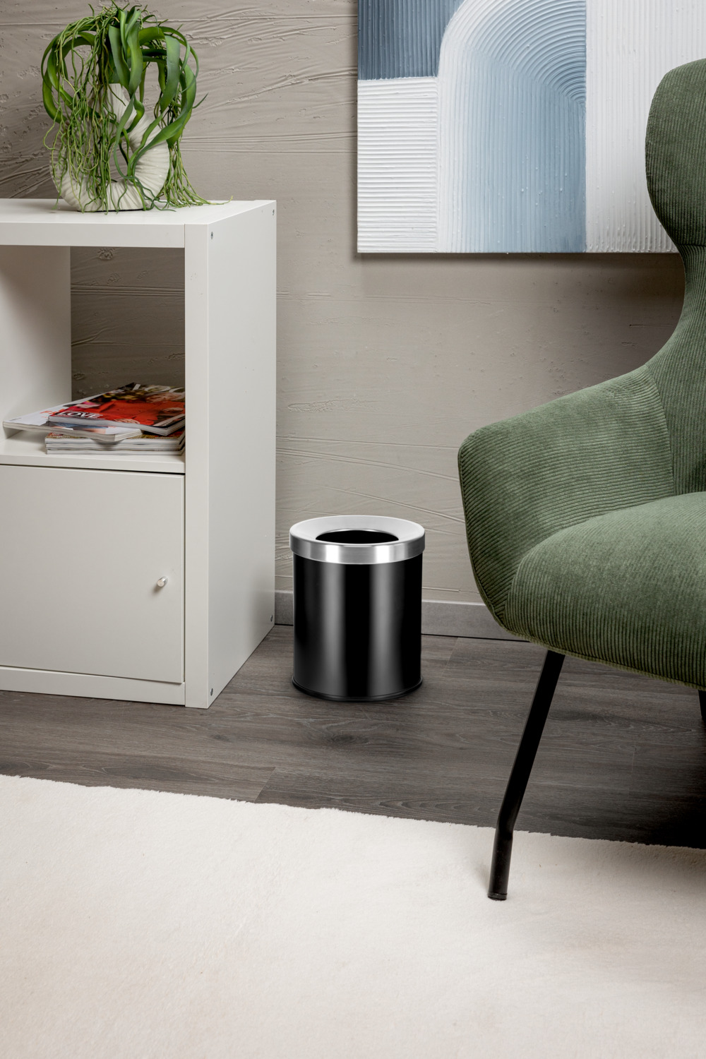 PULSIVA Magma Waste Bin, 7L Round Wastepaper Basket with Removable Stainless Steel Liner Ring, Polypropylene, Black/Silver, for Hotels and Guest Rooms