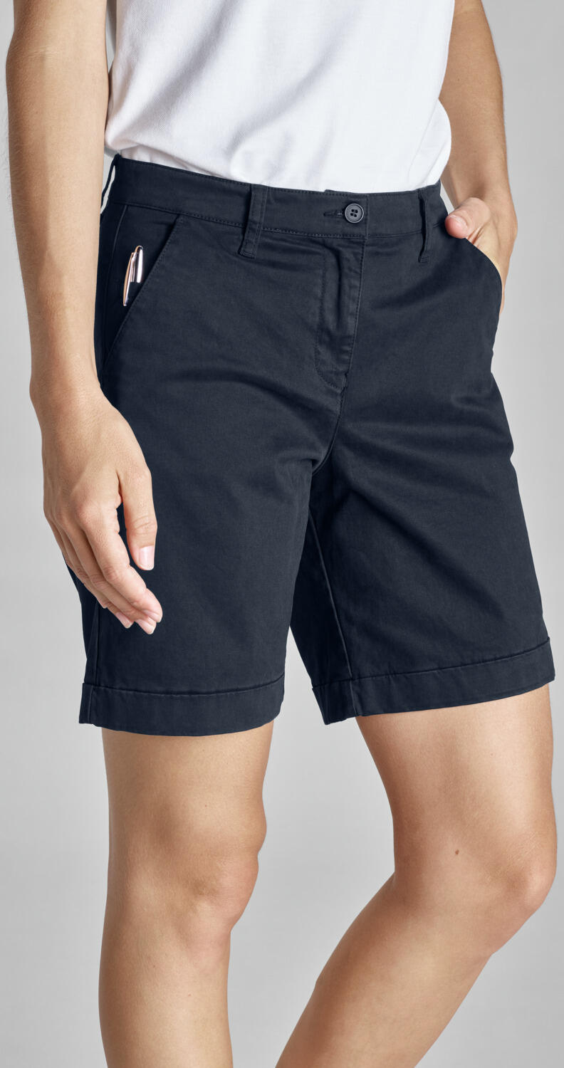 JOBELINE Women's Chino Shorts, Classic Straight Cut, 97% Cotton 3% Spandex Elastic Fabric, with Pen Pocket and Buttoned Welt Pockets, Navy