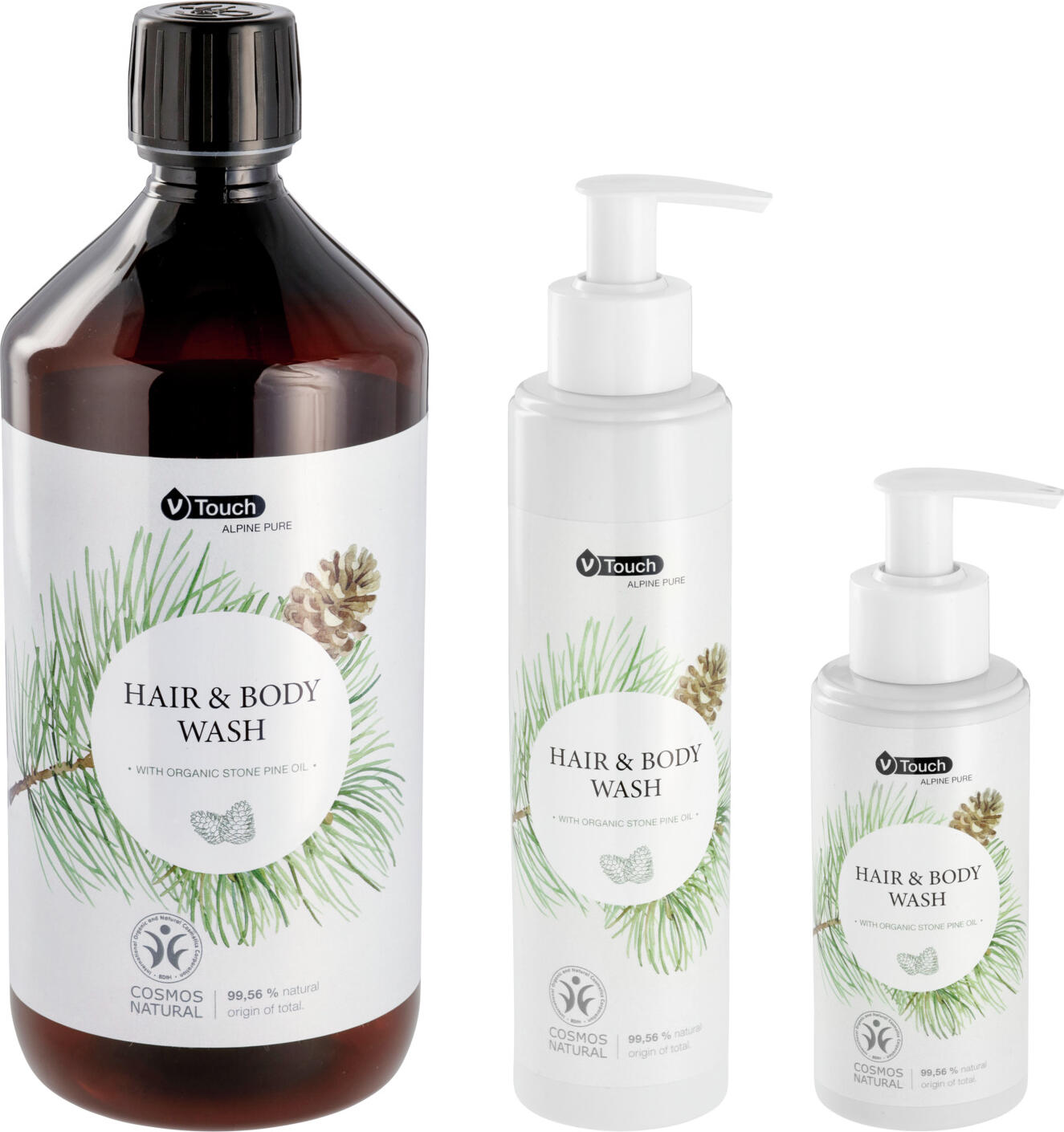 V-Touch Alpine Pure Gel de Dus si Sampon 2-in-1, cu Ulei Organic de Pin Cematic Elvetian, Certificat COSMOS NATURAL, pH Neutru, Pompa, 140 ml