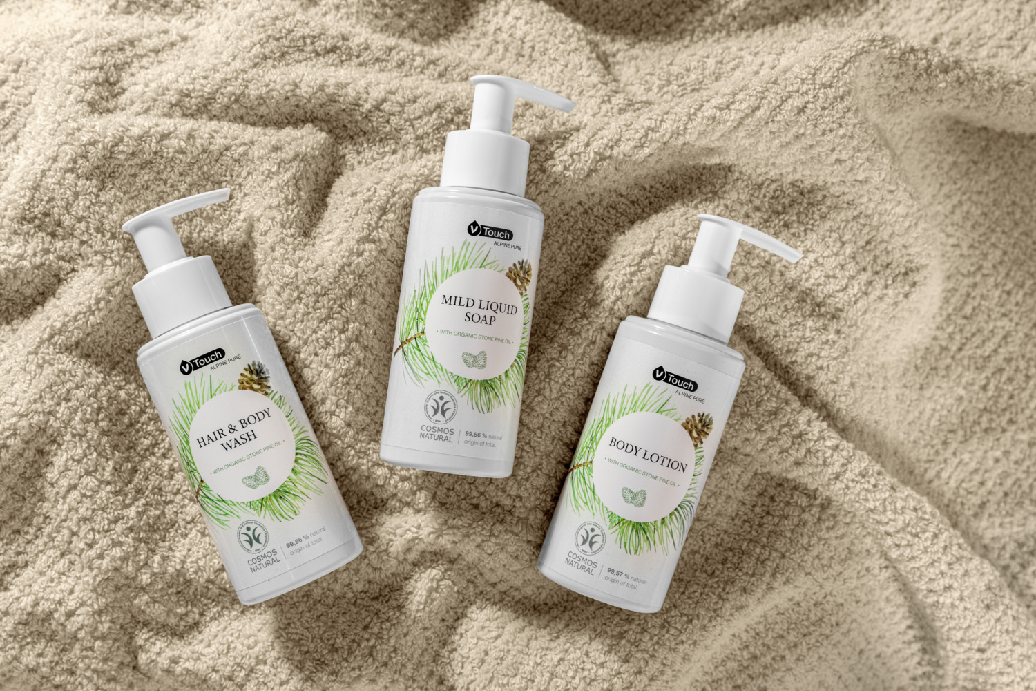 V-Touch Alpine Pure Gel de Dus si Sampon 2-in-1, cu Ulei Organic de Pin Cematic Elvetian, Certificat COSMOS NATURAL, pH Neutru, Pompa, 140 ml