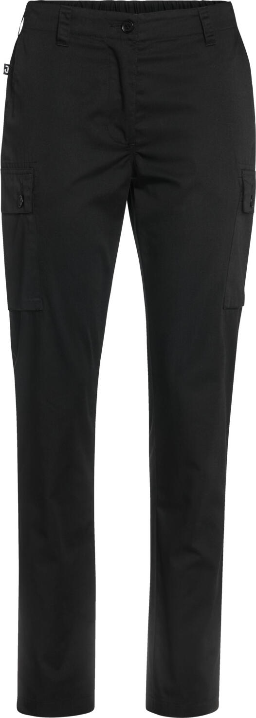 JOBELINE LUSINI Solutions GmbH Women's chef trousers Cargo Damen Kochhose Cargo Women's chef trousers Cargo; Size 42; black Damen Kochhose Cargo; Kleidergröße 42; schwarz 65 % cotton, 35 % polyester. 150 g/m². 60 °C wash. Sporty women's chef trousers made of a high quality, extra light cotton/polyester blend. With two large patch cargo pockets on the legs and comfortable stretch waistband in the back. In addition, with two buttoned back pockets, side slit pockets and belt loops at the waistband. Comfortable body height with slightly narrow tapered leg. Inside leg length: 80 cm for size 36. 65 % Polyester, 35 % Baumwolle. 150 g/m². 60°-Wäsche. Sportive Damenkochhose  aus einem hochwertigen, extra leichten Baumwoll-Polyester-Gemisch. Mit zwei großen aufgesetzten Cargotaschen auf den Beinen und komfortablem Dehnbund im Rückenteil. Zudem mit zwei geknöpften Gesäßtaschen, seitlichen Einschubtaschen und Gürtelschlaufen am Bund. Bequeme Leibhöhe mit leicht schmal zulaufendem Bein. Innenbeinlänge: 80 cm in Gr. 36