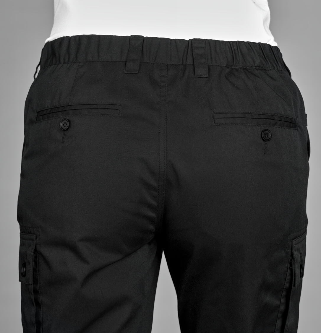 Pantaloni Cargo Jobeline pentru Bucatari Dame, Marime EU 42, 65% Poliester 35% Bumbac, Croiala Regular Tapered, Talie Elasticata, Standard OEKO-TEX 100, Negru