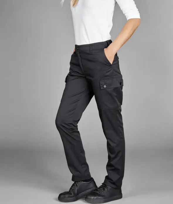 Pantaloni Cargo Jobeline pentru Bucatari Dame, Marime EU 50, 65% Poliester 35% Bumbac, Croiala Regular Tapered, Talie Elasticata, Standard OEKO-TEX 100, Negru