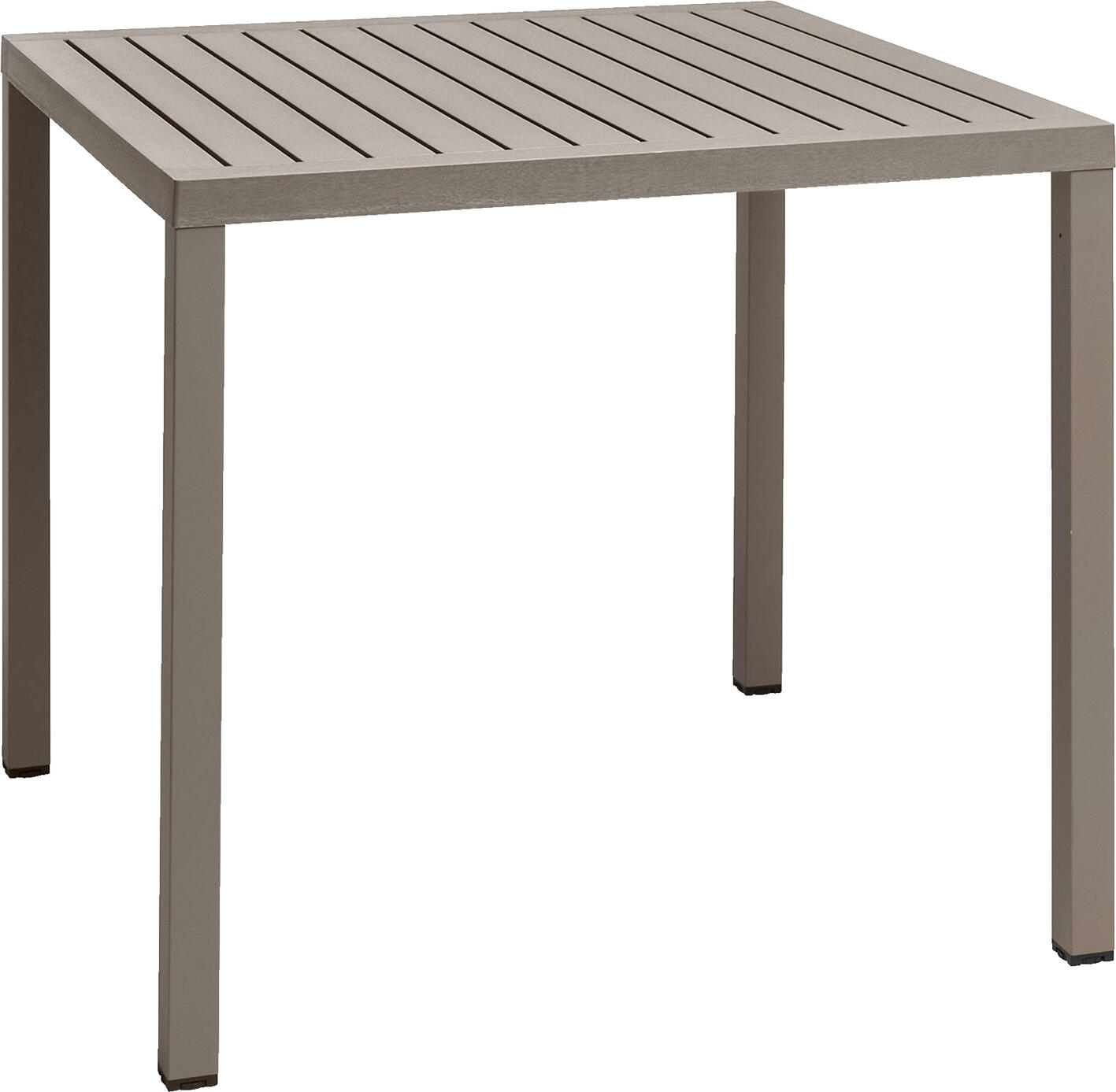 Nardi Table Cube square Tisch Cube quadratisch Table Cube square; 80x80x75.5 cm (LxWxH); taupe Tisch Cube quadratisch; 80x80x75.5 cm (LxBxH); taupe Plastic table with square table top made of DurelTop, suitable for commercial use. This is a newly developed system for producing table tops with maximum functionality, durability and elegance. The special aluminum frame makes the table extremely stable and robust. The legs are made of painted aluminum and have a square cross section. Height-adjustable feet. Recyclable plastic. Für die gewerbliche Nutzung geeigneter Kunststofftisch mit quadratischer Tischplatte aus DurelTop. Das ist ein neu entwickeltes System für die Produktion von Tischplatten, um ein Höchstmaß an Funktionalität, Widerstandsfähigkeit und Eleganz zu erreichen. Das spezielle Gestell aus Aluminium macht den Tisch besonders stabil und robust. Beine aus lackiertem Aluminium mit quadratischem Querschnitt. Höhenverstellbare Füße. Recyclebarer Kunststoff.