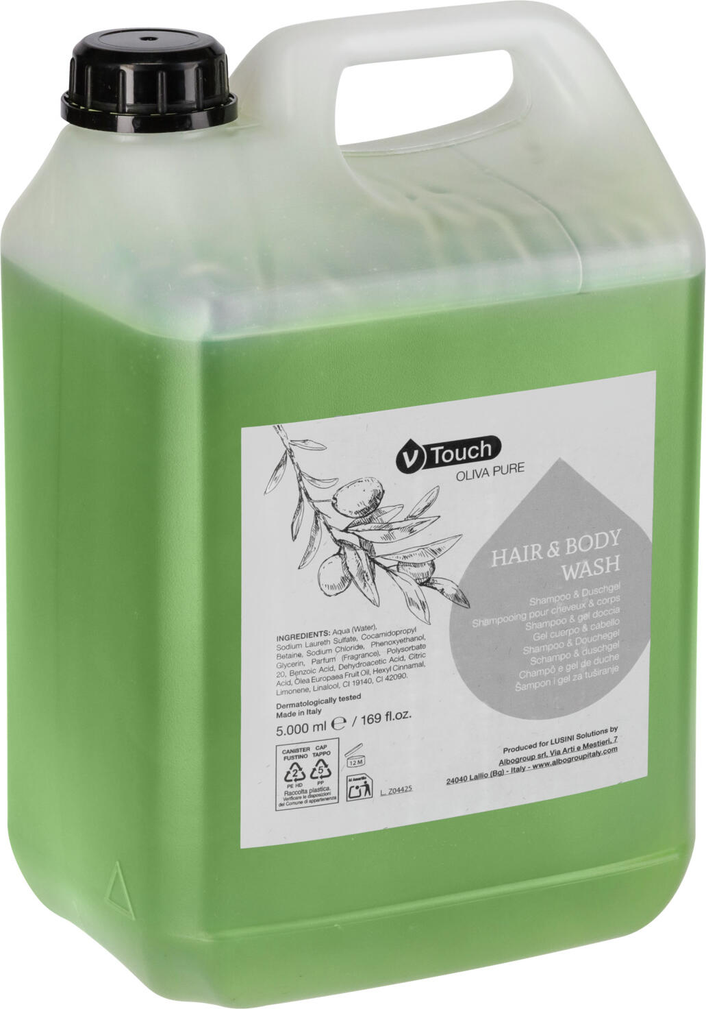 V-Touch 2-in-1 Shampoo and Shower Gel for Hotel Dispenser Systems, 5 l Canister, Dermatologically Tested, Pack of 24