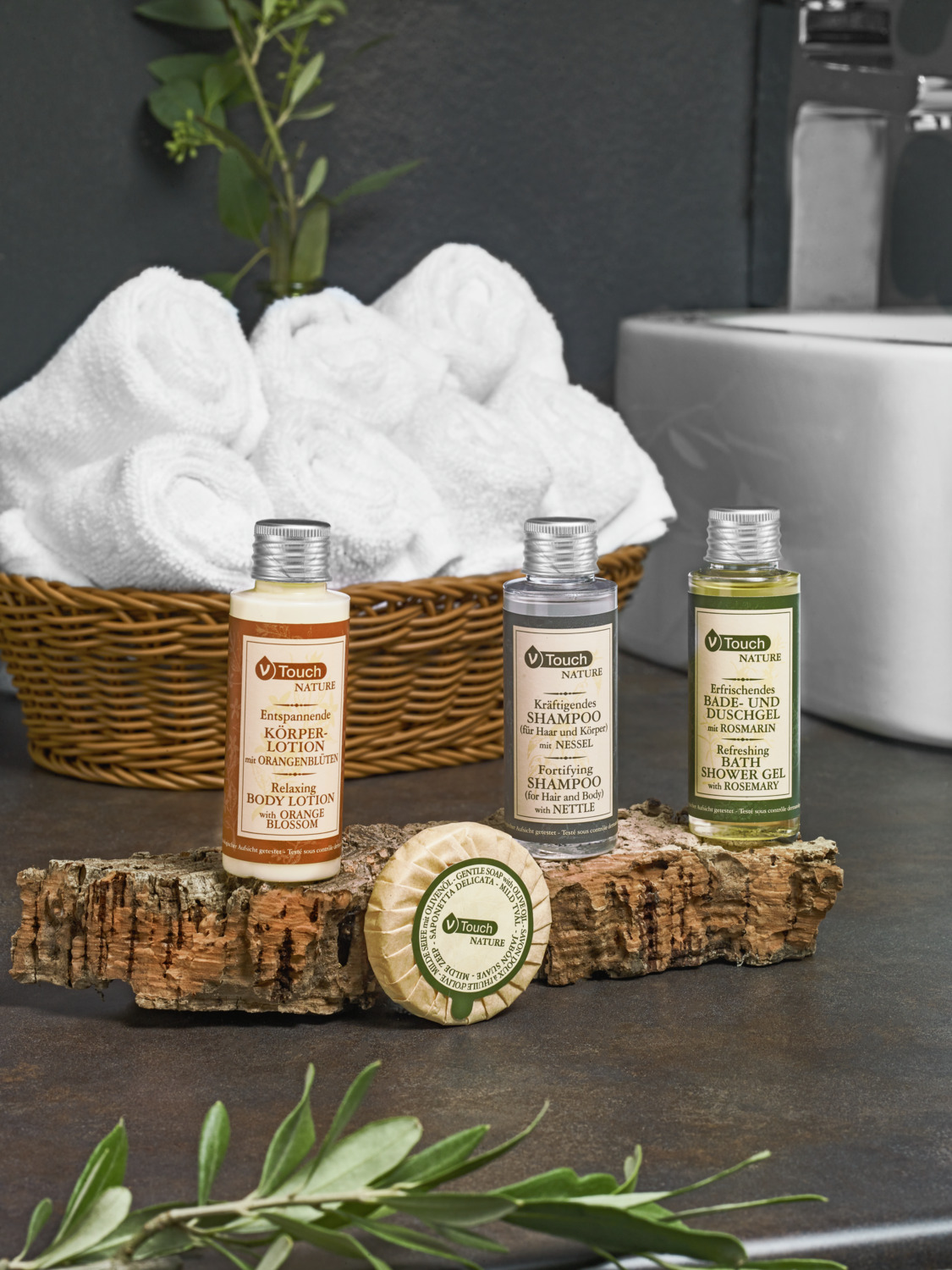 V-Touch Nature Hotel Cosmetics Sample Set, 5-Piece Body and Hair Care Kit with Plant Extracts, Dermatologically Tested