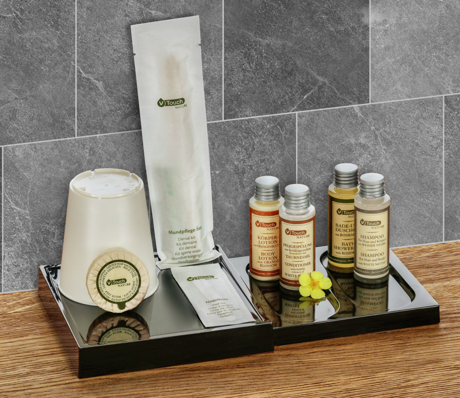 V-Touch Nature Hotel Cosmetics Sample Set, 5-Piece Body and Hair Care Kit with Plant Extracts, Dermatologically Tested