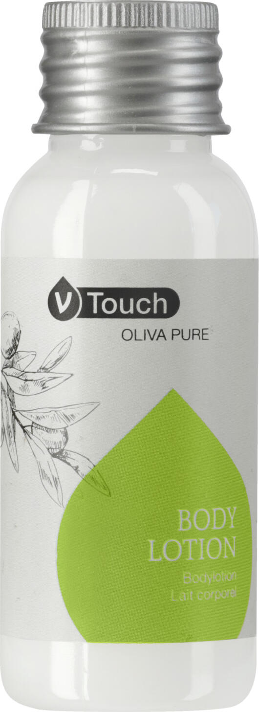 V-Touch LUSINI Solutions GmbH Hotel body lotion Oliva Pure Hotel Bodylotion Oliva Pure Hotel body lotion Oliva Pure; 35 ml; white; 250 piece / pack Hotel Bodylotion Oliva Pure; 35 ml; weiß; 250 Stück / Pack Moisturizing body lotion V-Touch Oliva Pure. Absorbs quickly without stickiness. V-Touch Oliva Pure provides a long-lasting, relaxed skin feeling.  Suitable for all skin types. A Mediterranean fragrance with a woody note ensures a long-lasting, relaxed skin care experience. With nourishing extracts of organic olive oil. Dermatologically tested and pH-neutral. The bottle is made from sustainable recycled PET. Contents: 35 ml bottle with screw cap. Feuchtigkeitsspendende Körperlotion V-Touch Oliva Pure. Zieht schnell ein, ohne zu kleben. V-Touch Oliva Pure sorgt für ein lang anhaltend entspanntes Hautgefühl. Für alle Hauttypen geeignet. Ein mediterraner Duft mit einer holzigen Note sorgt für ein lang anhaltendes entspanntes Pflegeerlebnis. Mit pflegenden Extrakten von Bio-Olivenöl. Dermatologisch getestet und pH-neutral! Der Flakon ist aus nachhaltigem recyceltem PET geformt. Inhalt: 35 ml Fläschchen mit Schraubverschluss.