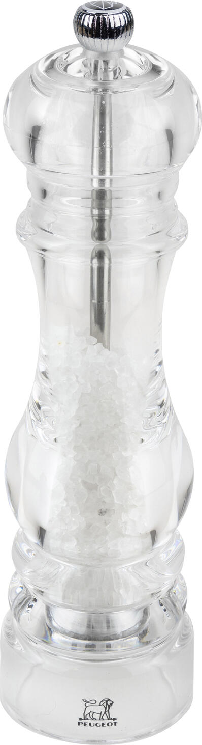 Peugeot Peugeot Saveurs SNC Salt mill Nancy Salzmühle Nancy Salt mill Nancy; 22 cm (H); transparent; 6 piece / pack Salzmühle Nancy; 22 cm (H); transparent; 6 Stück / Pack The Nancy mill belongs to the classic and timeless line of Peugeot. It is a manual grinder with a knob to adjust the grind on top of the grinder: the more you tighten the knob, the finer the grind and vice versa. The transparent body allows you to quickly see the contents and the amount of filling. The Nancy comes in 9, 12, 18 and 22 cm. Therefore, they are perfect for use in the kitchen. Die Nancy Mühle gehört zur klassischen und zeitlosen Linie von Peugeot. Es handelt sich um eine manuelle Mühle mit einem Drehknopf zum Einstellen des Mahlgrads oben auf der Mühle: Je mehr man den Drehknopf anzieht, desto feiner der Mahlgrad und umgekehrt. Der transparente Korpus ermöglicht das schnelle Erkennen des Inhaltes und der Füllmenge. Die Nancy gibt es in 9, 12, 18 und 22 cm. Daher eignen sie sich perfekt für den Gebrauch in der Küche.