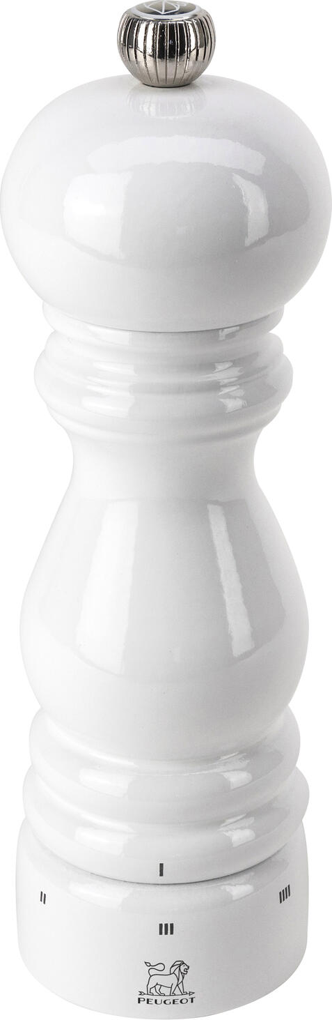 Salt mill Paris white lacquered Salzmühle Paris mit u’Select-Technologie Salt mill Paris white lacquered ; 18 cm (H); white Salzmühle Paris mit u’Select-Technologie; 18 cm (H); weiß Compact and functional, Peugeot draws on the legendary Paris spice mill and equips it with the patented u'Select technology for precise selection of the salt grind. The markings on the bottom of the spice mill help you quickly find the grind best suited to your dish. This manual salt mill is further equipped with the Peugeot grinder, which is backed by a 25-year warranty in Germany. The Paris u'Select salt mill is not only functional, it also stands out for the shine of its all-white wooden body. The wood comes from PEFC™ certified beech wood from sustainable cultivation. Kompakt und funktional: Peugeot greift auf die legendäre Gewürzmühle Paris zurück und stattet sie mit der patentierten u’Select-Technologie zur präzisen Wahl des Salzmahlgrads aus. Die unten auf der Gewürzmühle angebrachten Markierungen helfen, schnell den am besten an Ihr Gericht angepassten Mahlgrad zu finden. Diese manuelle Salzmühle ist weiterhin mit dem Peugeot-Mahlwerk ausgestattet, auf das in Deutschland eine 25-jährige Garantie gewährt wird. Die Salzmühle Paris u’Select ist nicht nur funktional, sie besticht auch durch den Glanz ihres ganz in weiß gehaltenen Holzkörpers. Das Holz stammt aus PEFC™-zertifiziertem Buchenholz aus nachhaltigem Anbau.