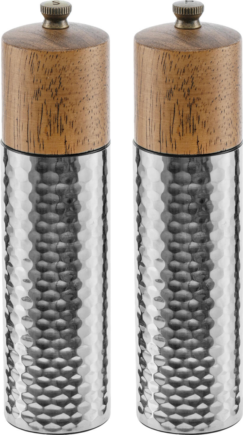 VEGA LUSINI Solutions GmbH Salt and pepper mill set Omea Salz- und Pfeffermühlen-Set Omea Salt and pepper mill set Omea; 4.8x19.4 cm (ØxH); silver Salz- und Pfeffermühlen-Set Omea; 4.8x19.4 cm (ØxH); silber Salt and pepper mill set made of chrome-nickel 18/10 stainless steel with round wooden rotating element. The salt mill has a ceramic grinder, the pepper mill has a particularly light and durable carbon steel grinder. The content is marked by an "S" or "P" on the adjustment screw on top. Salz- und Pfeffermühlen Set aus Chrom-Nickel-Edelstahl 18/10 mit rundem Drehelement aus Holz. Die Salzmühle verfügt über ein Keramik-Mahlwerk, die Pfeffermühle über ein besonders leichtes und langlebiges Karbonstahl-Mahlwerk. Der Inhalt wird über ein „S“ oder „P“ auf der Einstellschraube oben gekennzeichnet.