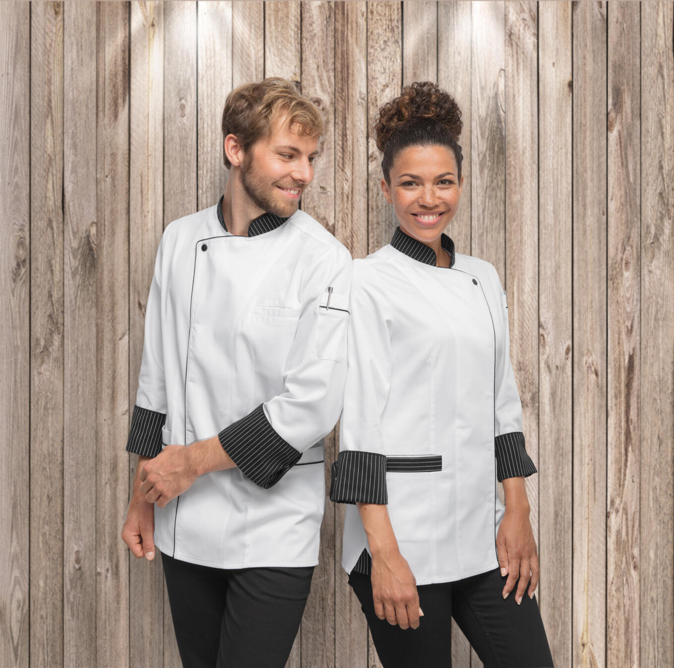Jobeline Pascal Women's Chef Jacket, White, Slightly Waisted, Polyester-Cotton Blend, Woven Stripe Details, Concealed Snap Buttons, 200 g/m²