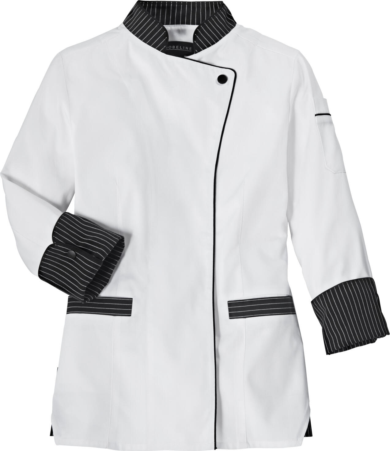 Jobeline Pascal Women's Chef Jacket, White, Slightly Waisted, Polyester-Cotton Blend, Woven Stripe Details, Concealed Snap Buttons, 200 g/m²