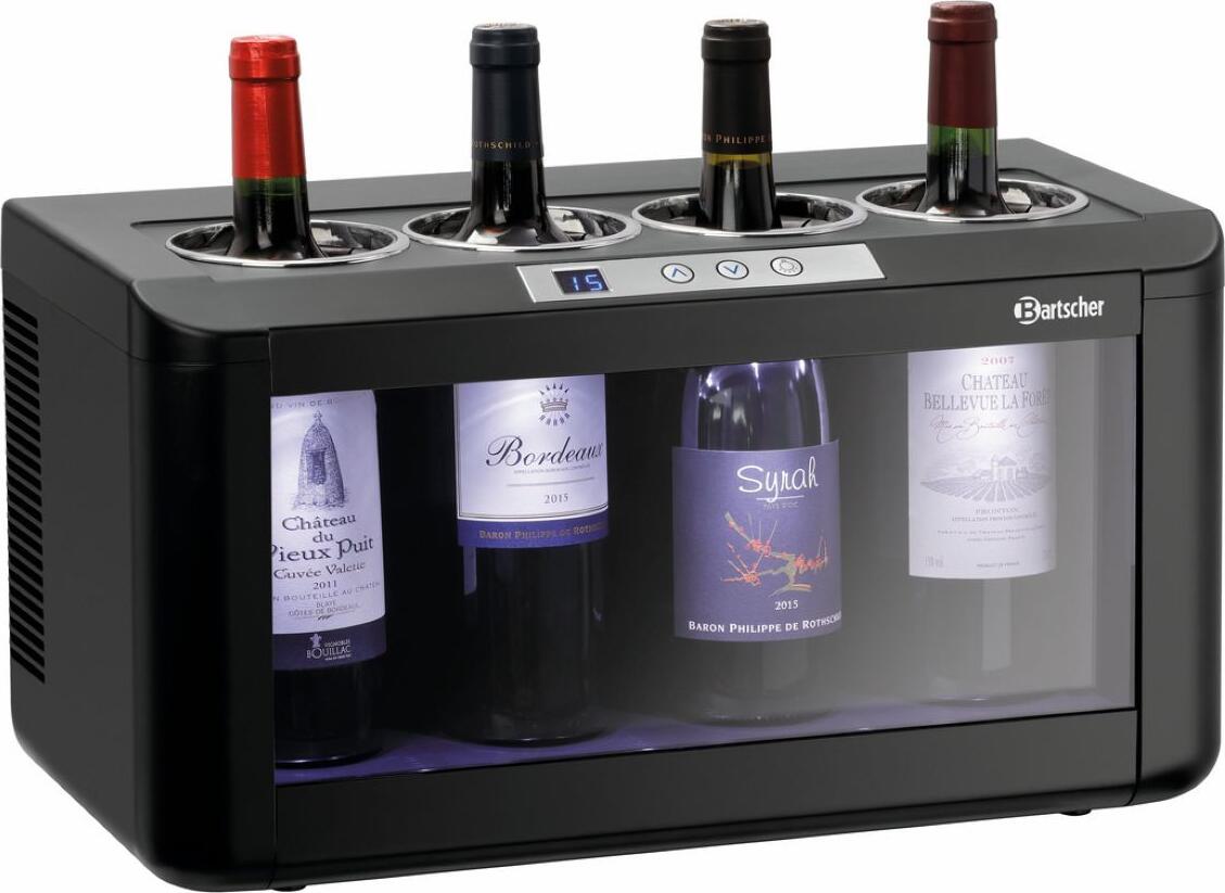 Bartscher 4FL-100 Space-Saving Wine Cooler, 4 Bottles Capacity, Thermoelectric Cooling with Fan, Digital Temperature Control 5-18°C, LED Lighting, Black