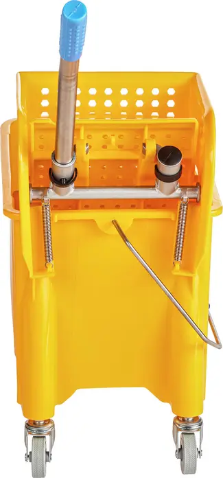 PULSIVA Clean Basic Double Bucket Mop Cleaning Trolley, 20L Capacity, Yellow Plastic with Metal Press Lever and Handle, 49x28x69 cm, Wet Floor Sign