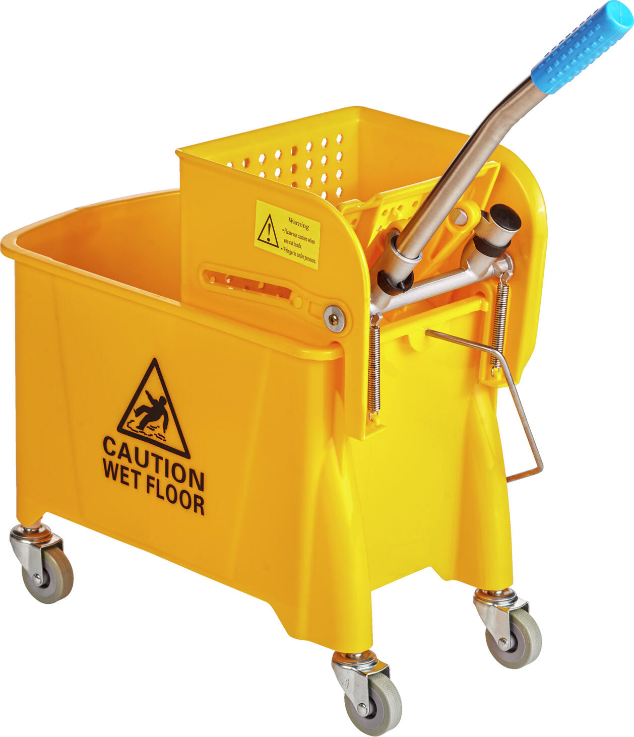 PULSIVA Clean Basic Double Bucket Mop Cleaning Trolley, 20L Capacity, Yellow Plastic with Metal Press Lever and Handle, 49x28x69 cm, Wet Floor Sign
