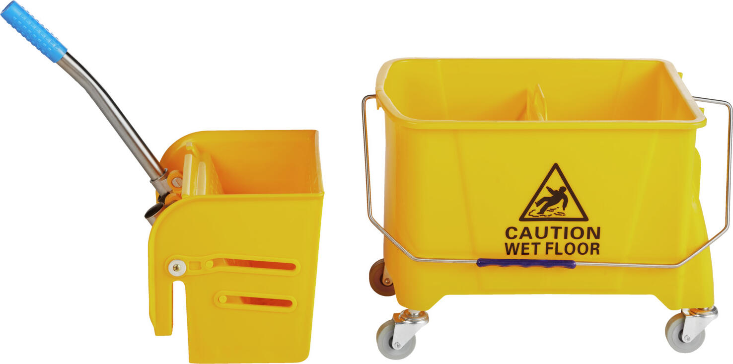 PULSIVA Clean Basic Double Bucket Mop Cleaning Trolley, 20L Capacity, Yellow Plastic with Metal Press Lever and Handle, 49x28x69 cm, Wet Floor Sign