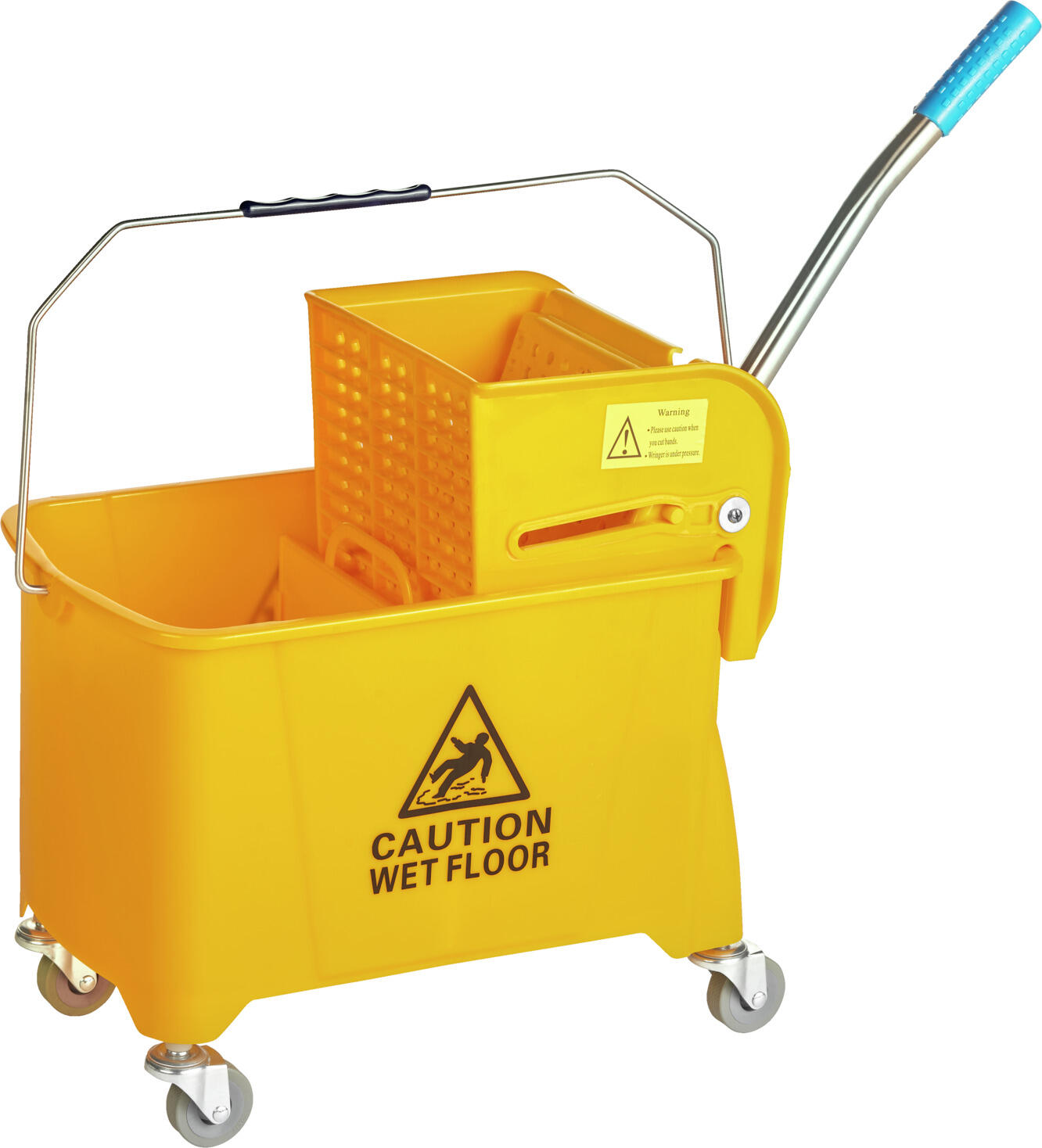 PULSIVA LUSINI Solutions GmbH Double bucket mop Clean Basic with press Putzwagen Clean Basic mit Presse Double bucket mop Clean Basic with press; 49x28x69 cm (LxWxH); yellow Putzwagen Clean Basic mit Presse; 49x28x69 cm (LxBxH); gelb Easy to steer plastic driving bucket. With flat press and sturdy wheels for safe transport of water (20 liters), without spills and back strain. With clearly visible hazard warning on the side to prevent accidents. With long, comfortable press lever. Supplied disassembled. Easy assembly. Einfach zu lenkender Fahreimer aus Kunststoff. Mit Flachpresse und robusten Rollen für sicheren Transport von Wasser (20 Liter), ohne Verschütten und Rückenbelastung. Mit deutlich sichtbarer Gefahrenwarnung an der Seite, um Unfälle vorzubeugen. Mit langem, bequemem Pressehebel. Wird zerlegt geliefert. Einfache Montage.