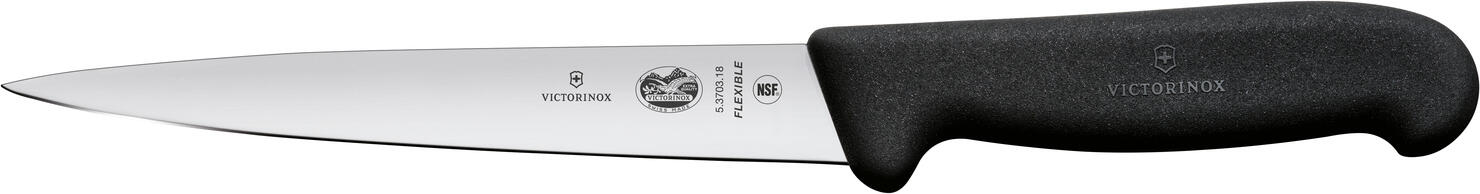 Victorinox Victorinox AG Filleting knife Fibrox straight flex medium point Filetiermesser Fibrox gerade flex Mittelspitz Filleting knife Fibrox straight flex medium point; Blade length 18 cm, 31.2 cm (L); silver/black Filetiermesser Fibrox gerade flex Mittelspitz; Klingenlänge 18 cm, 31.2 cm (L); silber/schwarz From professionals for professionals Non-slip handles guarantee safe working Particularly high edge retention for a long service life Outstanding sharpness and maximum stability The Fibrox collection was developed for professional chefs, but is also popular with amateur chefs due to its optimum performance and precise cuts. The non-slip, ergonomic handles sit comfortably in the hand and are easy on the wrist. This makes cooking and cutting fun! Extra-sharp stainless steel blades glide through even the thickest cuts of meat and sophisticated special knives handle a variety of kitchen tasks - from filleting fish to glazing cakes. Material handle: Thermoplastic elastomers (TPE) combine the easy processing of thermoplastics with the advantages of elastomers. They are extremely flexible even at high temperatures, very robust and have high impact and notch resistance even at low temperatures. TPE materials can withstand temperatures of up to 110°C. Von Profis für Profis Rutschfeste Griffe garantieren sicheres Arbeiten Besonders hohe Schnitthaltigkeit für eine lange Lebensdauer Hervorragende Schärfe und maximale Stabilität Die Fibrox Kollektion wurde für Profiköche entwickelt, ist aber auch bei Hobbyköchen aufgrund ihrer optimalen Performance und präzisen Schnitte beliebt. Die rutschfesten, ergonomischen Griffe liegen gut in der Hand und schonen das Handgelenk. So machen Kochen und Schneiden Spaß! Extra scharfe Klingen aus rostfreiem Stahl gleiten selbst durch die dicksten Fleischstücke und ausgereifte Spezialmesser erledigen verschiedene Küchenaufgaben – vom Filetieren von Fisch bis zum Glasieren von Torten. Material Griff: Thermoplastische Elastomere (TPE) kombinieren die einfache Verarbeitung von Thermokunststoffen mit den Vorteilen von Elastomeren. Sie sind auch bei hohen Temperaturen extrem flexibel, sehr robust und besitzen sogar bei niedrigen Temperaturen eine hohe Schlag- und Kerbschlagfestigkeit. TPE-Materialien halten Temperaturen von bis zu 110 °C stand.