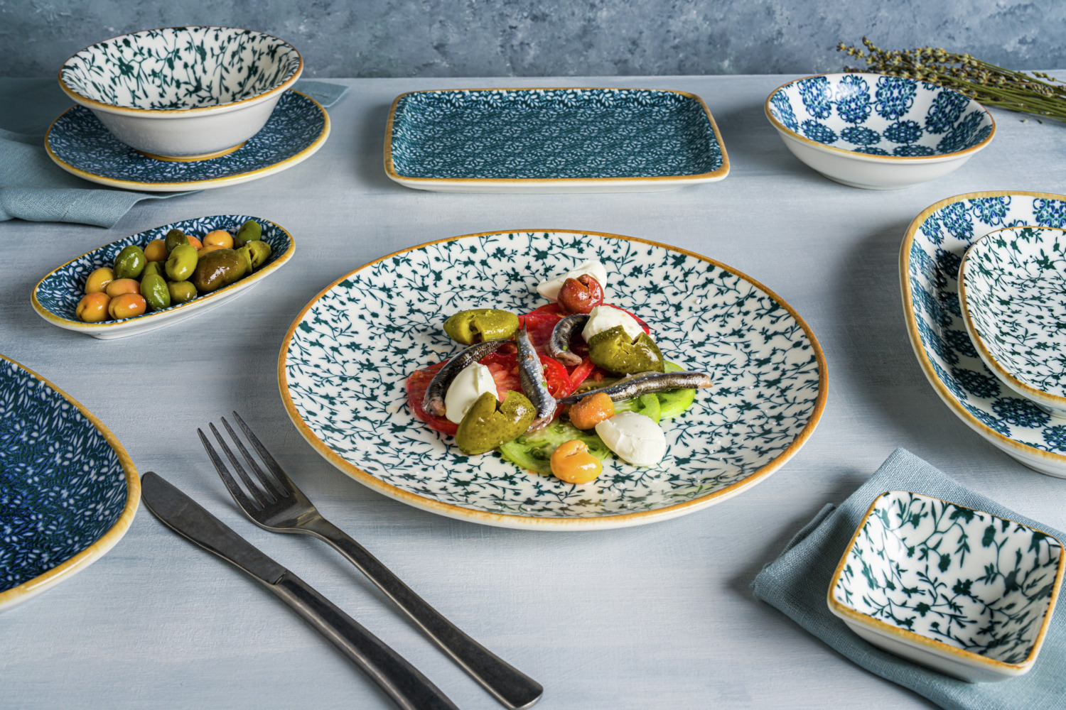 Bonna Gourmet Calif Professional Porcelain Flat Plate 27cm White with Blue Green Floral Design Dishwasher Microwave and Oven Safe