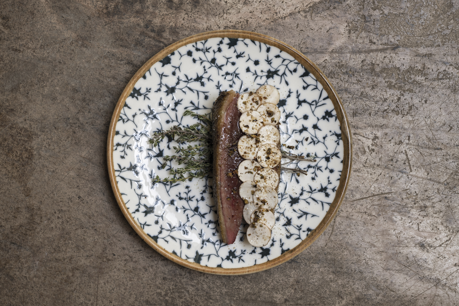 Bonna Gourmet Calif Professional Porcelain Flat Plate 27cm White with Blue Green Floral Design Dishwasher Microwave and Oven Safe