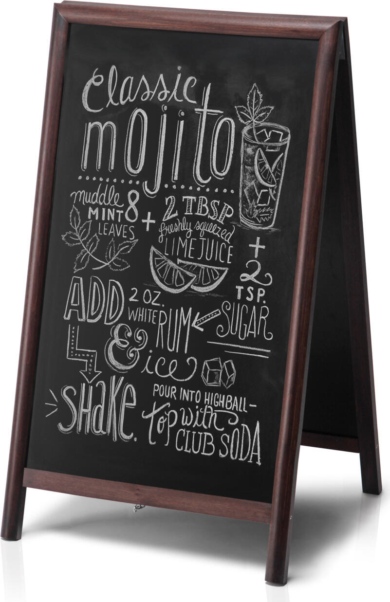 VEGA Listeo A-Frame Chalkboard Pavement Sign, 68 x 115 cm, Double-Sided Beech Wood Frame, Dark Brown, Wall-Mountable Foldable Display