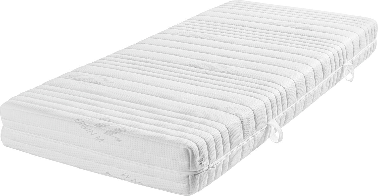 ERWIN M. LUSINI Solutions GmbH Mattress Hybrid Core All-in-One Advanced Matratze Hybridkern All in One Advanced Mattress Hybrid Core All-in-One Advanced; 90x200x25 cm (WxLxH); white; hard Matratze Hybridkern All in One Advanced; 90x200x25 cm (BxLxH); weiß; H3-fest Cover: 63% polyester, 37% Lyocell (Tencel®). Core: 480 pocket springs, soft side: comfort foam, gel foam (H2), firm side: cold foam (H3). Hybrid mattress with two different firmness levels, specially developed for different body types. Soft side: 2 cm comfort foam, topped with 4 cm gel foam for optimum body adaptation with memory effect. Firmness level 2 - medium. Firm side: 4 cm cold foam. Firmness level 3 - firm, for body weights up to 140 kg. Long durability thanks to reinforced 7-zone pocket spring core. 480 springs per 2 m² (height: 12 cm). Skin-friendly cover, suitable for allergy sufferers. Very good ventilation, ideal temperature equalization. Four grip tabs as a turning aid. Zipper on four sides. Shipped by parcel service, rolled in a cardboard box. Bezug: 63 % Polyester, 37 % Lyocell (Tencel®). Kern: 480 Tonnentaschenfedern, weiche Seite: Komfortschaum, Gelschaum (H2), feste Seite: Kaltschaum (H3). Hybridmatratze mit zwei unterschiedlichen Härtegraden, speziell entwickelt für verschiedene Bodytypen. Weiche Seite: 2 cm Komfortschaum, darauf 4 cm Gelschaum für optimale Körperanpassung mit Memoryeffekt. Härtegrad 2 - mittel. Feste Seite: 4 cm Kaltschaum. Härtegrad 3 - fest, für Körpergewicht bis 140 kg. Lange Haltbarkeit durch verstärkten 7-Zonen-Tonnentaschenfederkern. 480 Federn pro 2 m² (Höhe: 12 cm). Hautsympathischer Bezug, allergikergeeignet. Sehr gute Durchlüftung, idealer Temperaturausgleich. Vier Grifflaschen als Wendehilfe. Vier-seitiger Reißverschluss. Versand erfolgt per Paketdienst, gerollt im Karton.