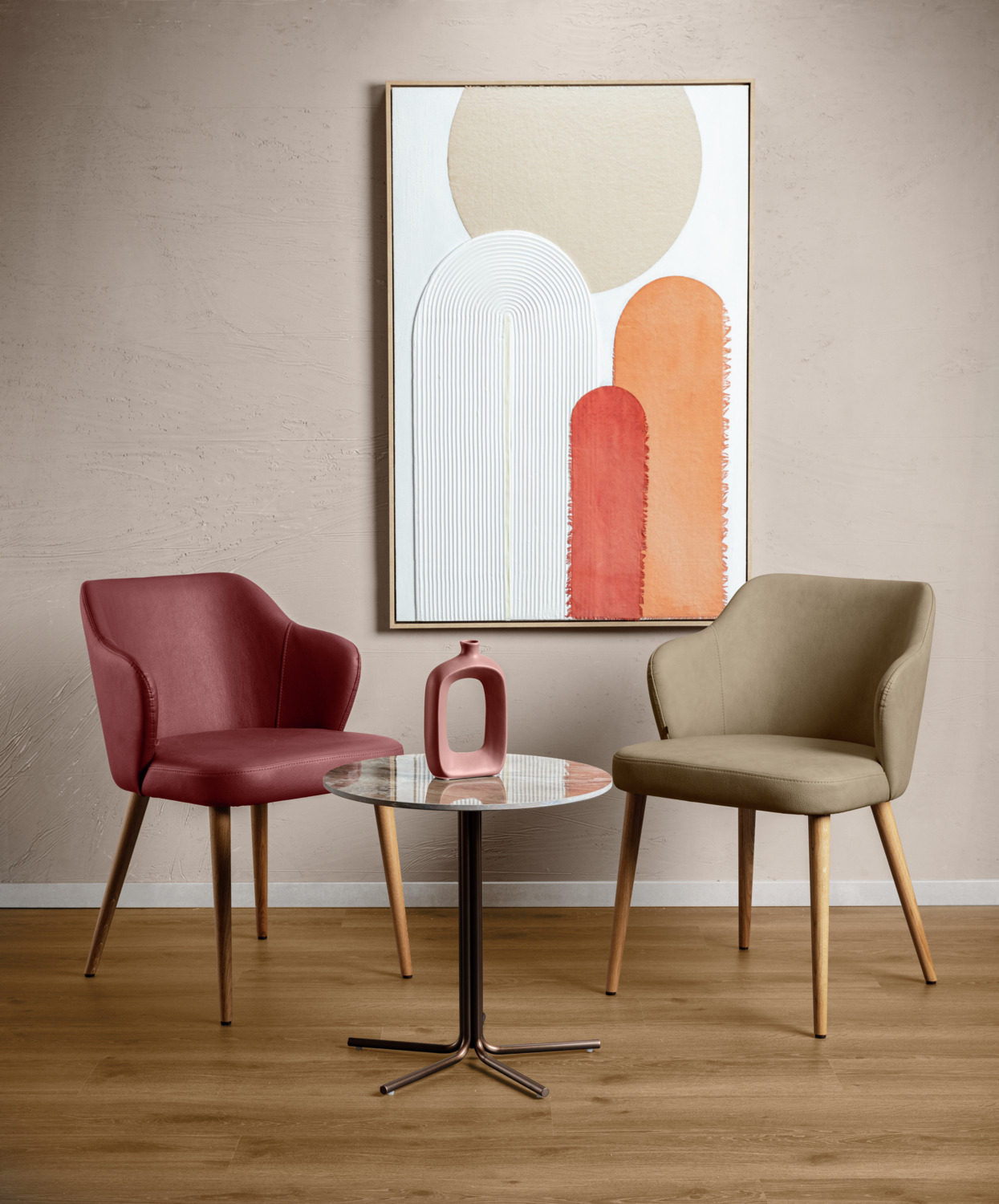 VEGA Katya Upholstered Chair, Solid Oak Frame, Fire-Retardant Imitation Leather, 55x58x81 cm, Bordeaux and Brown, with Armrests