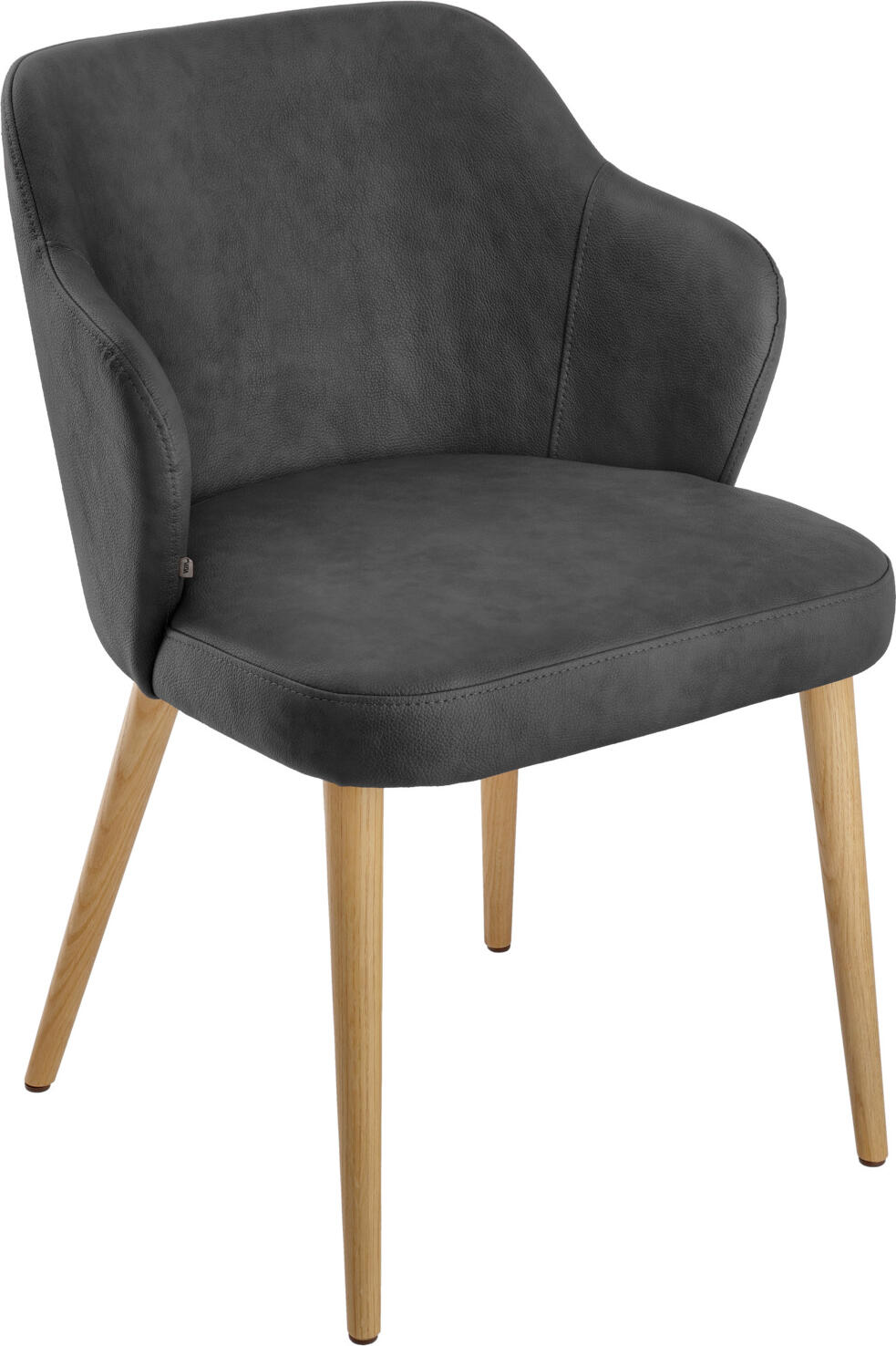 VEGA LUSINI Solutions GmbH Upholstered chair Katya imitation leather Polsterstuhl Katya Kunstleder Upholstered chair Katya imitation leather; 55x58x81 cm (WxDxH); seat anthracite, base brown Polsterstuhl Katya Kunstleder; 55x58x81 cm (BxTxH); Sitz anthrazit, Gestell braun High-quality and stylish upholstered chair made of imitation leather with a solid oak frame. The generous upholstery ensures comfortable seating. Fire-retardant cover. Suitable for indoor use only. Supplied assembled, incl. plastic glides. Hochwertiger und schicker Polsterstuhl aus Kunstleder mit massiven Eichengestell. Die großzügige Polsterung sorgt für einen bequemen Sitzkomfort. Feuerhemmender Bezug. Nur für den Innenbereich geeignet. Lieferung erfolgt montiert, inkl. Kunststoffgleiter.