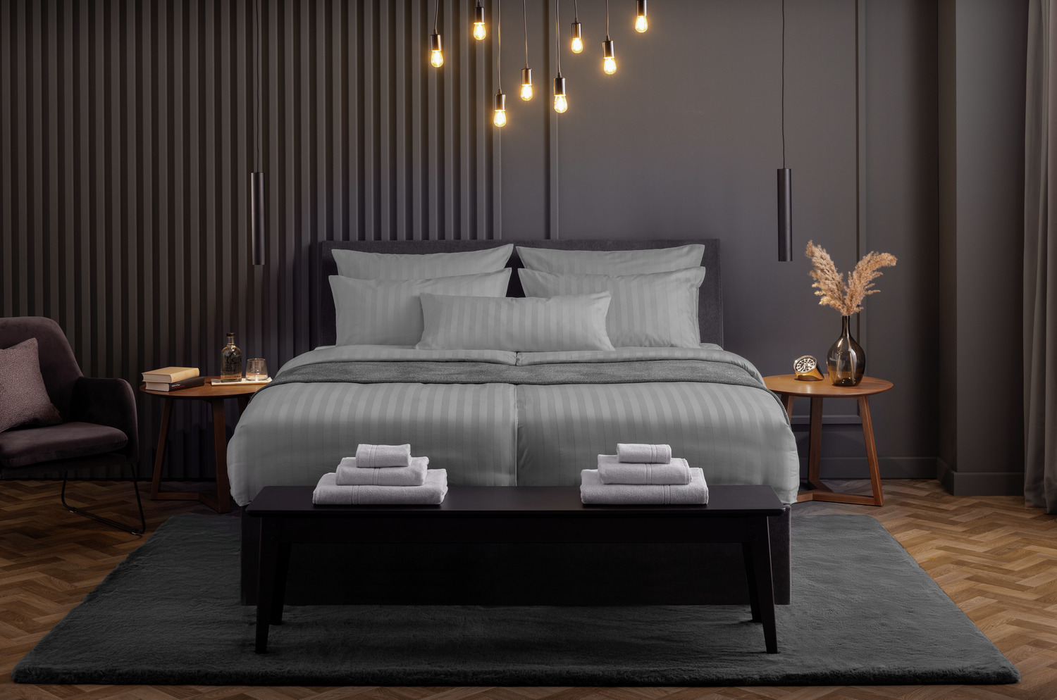ERWIN M. LUSINI Rom-Meran Duvet Cover, 100% Mercerized Cotton Damask, 200 TC, Classic Stripe Design, 160x210 cm, Grey, OEKO-TEX Standard 100