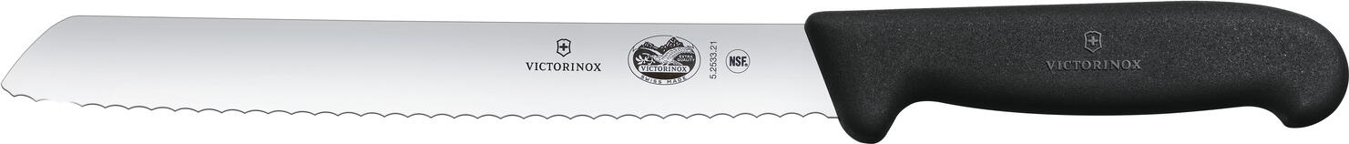 Victorinox Victorinox AG Bread knife Fibrox waves Brotmesser Fibrox Wellen Bread knife Fibrox waves; Blade length 21 cm, 34.7 cm (L); silver/black Brotmesser Fibrox Wellen; Klingenlänge 21 cm, 34.7 cm (L); silber/schwarz From professionals for professionals Non-slip handles guarantee safe working Particularly high edge retention for a long service life Outstanding sharpness and maximum stability The Fibrox collection was developed for professional chefs, but is also popular with amateur chefs due to its optimum performance and precise cuts. The non-slip, ergonomic handles sit comfortably in the hand and are easy on the wrist. This makes cooking and cutting fun! Extra-sharp stainless steel blades glide through even the thickest cuts of meat and sophisticated special knives handle a variety of kitchen tasks - from filleting fish to glazing cakes. Material handle: Thermoplastic elastomers (TPE) combine the easy processing of thermoplastics with the advantages of elastomers. They are extremely flexible even at high temperatures, very robust and have high impact and notch resistance even at low temperatures. TPE materials can withstand temperatures of up to 110°C. Von Profis für Profis Rutschfeste Griffe garantieren sicheres Arbeiten Besonders hohe Schnitthaltigkeit für eine lange Lebensdauer Hervorragende Schärfe und maximale Stabilität Die Fibrox Kollektion wurde für Profiköche entwickelt, ist aber auch bei Hobbyköchen aufgrund ihrer optimalen Performance und präzisen Schnitte beliebt. Die rutschfesten, ergonomischen Griffe liegen gut in der Hand und schonen das Handgelenk. So machen Kochen und Schneiden Spaß! Extra scharfe Klingen aus rostfreiem Stahl gleiten selbst durch die dicksten Fleischstücke und ausgereifte Spezialmesser erledigen verschiedene Küchenaufgaben – vom Filetieren von Fisch bis zum Glasieren von Torten. Material Griff: Thermoplastische Elastomere (TPE) kombinieren die einfache Verarbeitung von Thermokunststoffen mit den Vorteilen von Elastomeren. Sie sind auch bei hohen Temperaturen extrem flexibel, sehr robust und besitzen sogar bei niedrigen Temperaturen eine hohe Schlag- und Kerbschlagfestigkeit. TPE-Materialien halten Temperaturen von bis zu 110 °C stand.