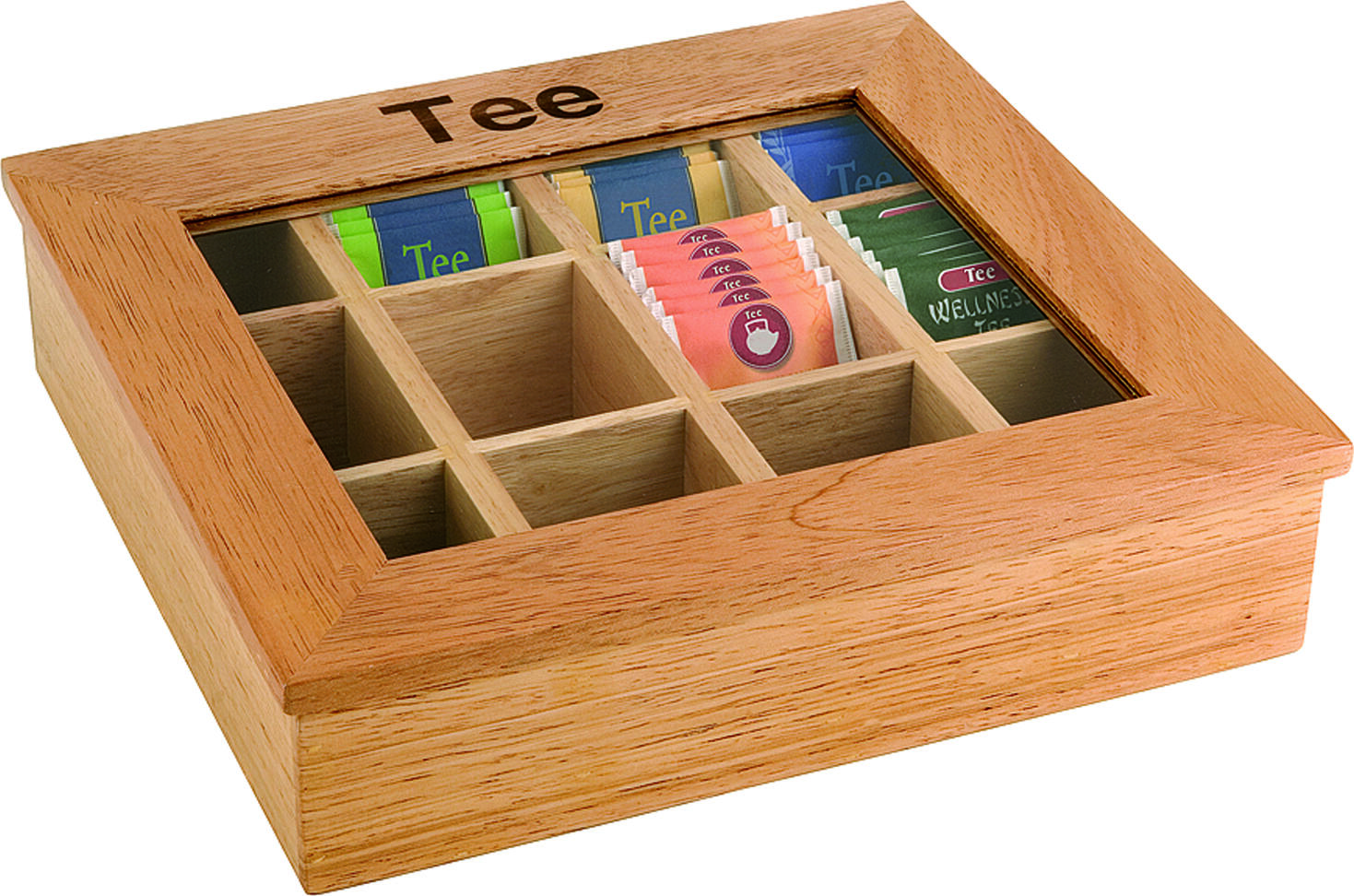 APS Assheuer + Pott GmbH & Co. KG Tea box Teebox, Holz (Rubberwood) Tea box; 31x28x9 cm (LxWxH); natural Teebox, Holz (Rubberwood); 31x28x9 cm (LxBxH); natur With viewing window with inscription Tee. The tea box from APS is a high-quality wooden box with viewing window and the inscription tea. Four chambers can be filled with 30 enveloped tea bags each and 12 chambers with 12 bags each. The lid stays open by itself when opened. Die Teebox ist eine stilvolle und praktische Lösung zur übersichtlichen Präsentation verschiedener Teesorten. Sie eignet sich ideal für Buffet, Frühstücksservice, Konferenzbereich, Büro oder den privaten Einsatz. Das Sichtfenster ermöglicht einen schnellen Überblick über den Inhalt, während die unterteilten Kammern eine strukturierte Aufbewahrung kuvertierter Teebeutel unterstützen. * Material: Rubberwood und Acryl * Mit Sichtfenster * Mit Aufschrift „Tee“ * Mit 12 unterteilten Kammern * Für kuvertierte Teebeutel geeignet * Deckel bleibt offen stehen * Nicht spülmaschinengeeignet * Feucht abwischbar