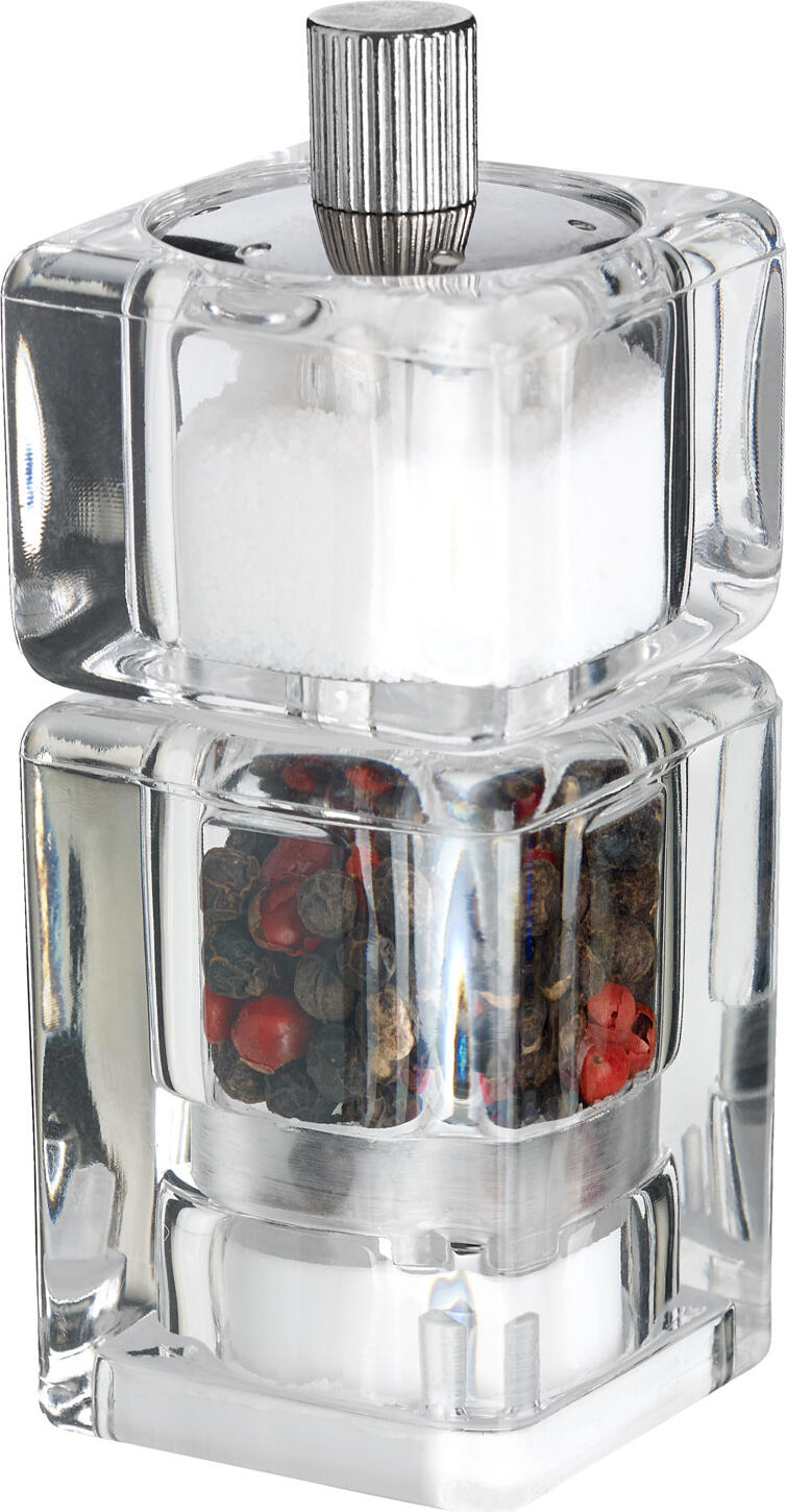 VEGA LUSINI Solutions GmbH Pepper mill Alma small, with salt shaker Pfeffermühle Alma klein, mit Salzstreuer Pepper mill Alma small, with salt shaker; 3.6x9.5x3.6 cm (WxHxD); transparent Pfeffermühle Alma klein, mit Salzstreuer; 3.6x9.5x3.6 cm (BxHxT); transparent Pepper mill made of transparent acrylic glass with integrated salt shaker. The mill has a ceramic grinder. Square basic shape. Uncomplicated handling. Pfeffermühle aus transparentem Acrylglas mit integriertem Salzstreuer. Die Mühle verfügt über ein Keramik-Mahlwerk. Quadratische Grundform. Unkomplizierte Handhabung.