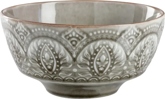 Bol PULSIVA Indie, Porțelan Colorat Gri cu Aspect de Ceramică, 580 ml, Diametru 15 cm, Model Relievat Unic, Compatibil cu Mașina de Spălat Vase și Cuptorul cu Microunde