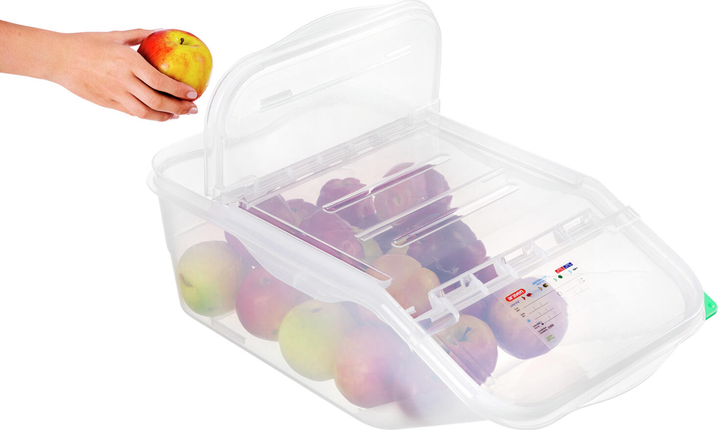 Containor Universal Araven FIFO GN 2/3, 16L Transparent pentru Alimente, Conform HACCP cu Clipuri Colorate, Stivuibil, 20x34x41.5cm