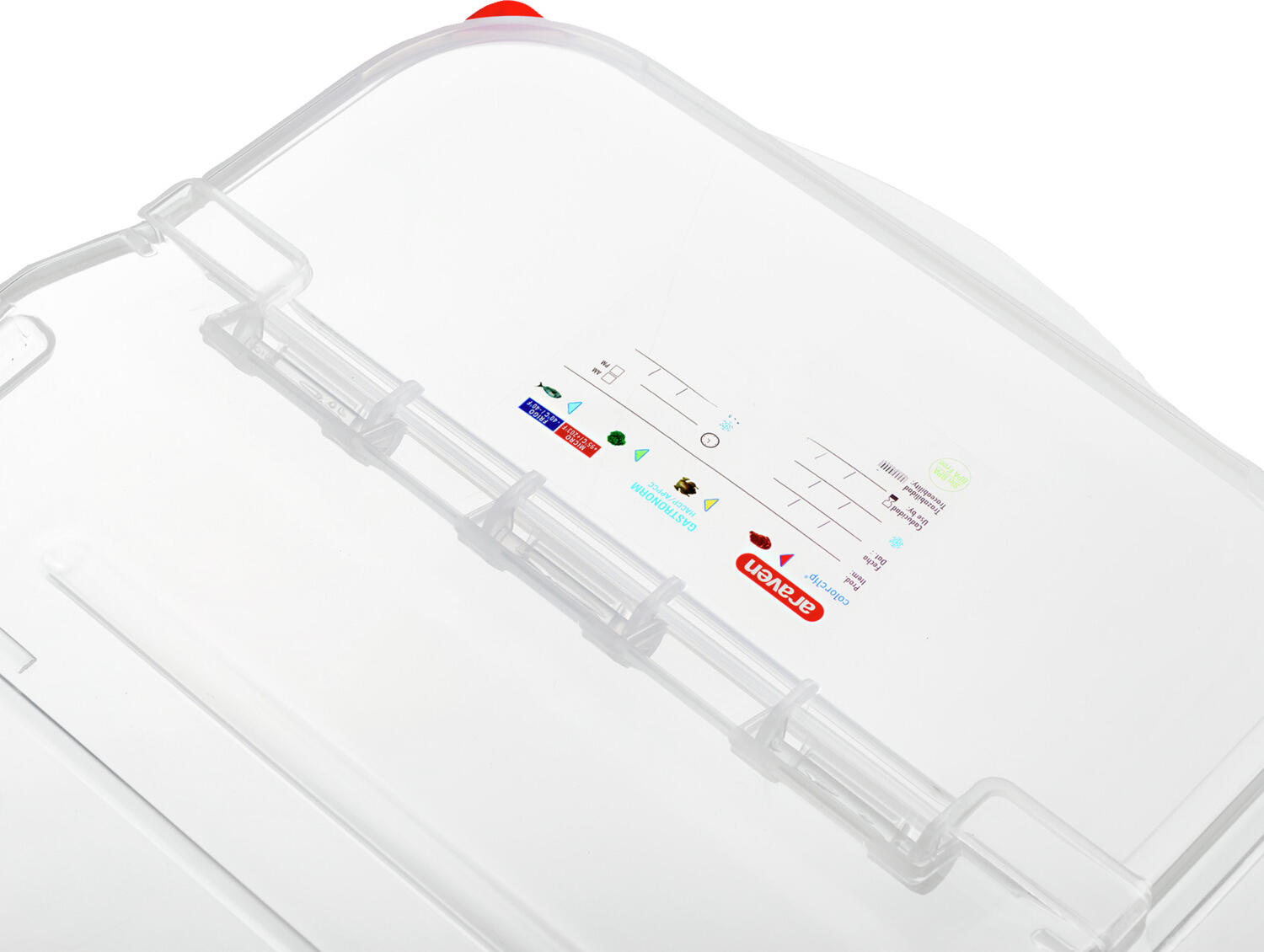 Containor Universal Araven FIFO GN 2/3, 16L Transparent pentru Alimente, Conform HACCP cu Clipuri Colorate, Stivuibil, 20x34x41.5cm