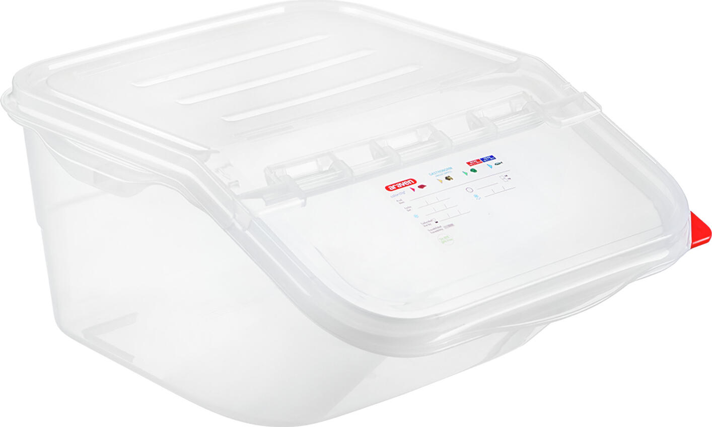 Araven Araven Food Safety innovation Universal container Fifo GN 2/3 Universalbehälter Fifo GN 2/3 Universal container Fifo GN 2/3; size GN 2/3, 16 l, 20x34x41.5 cm (LxWxD); transparent Universalbehälter Fifo GN 2/3; Größe GN 2/3, 16 l, 20x34x41.5 cm (LxBxT); transparent Easy-access GN 2/3 universal container for use in a FIFO system (first in first out). Ideal for storing dry goods, nuts, pasta, rice, etc. All of the container lids can still be opened, even when the containers are stacked. HACCP-compliant thanks to color-coded clips. Front with viewing window and label that can be written on. Suitable for dishwashers. Leicht zugänglicher GN 2/3 Universalbehälter nach dem Fifo-System (first in first out). Ideal für die Lagerung von Trockenwaren, Nüssen, Nudeln, Reis u.v.m. Auch gestapelt lassen sich alle Deckel der Behälter öffnen. HACCP geeignet durch Farbcodeklips. Sichtfenster mit beschriftbarem Etikett an der Vorderseite. Spülmaschinengeeignet.