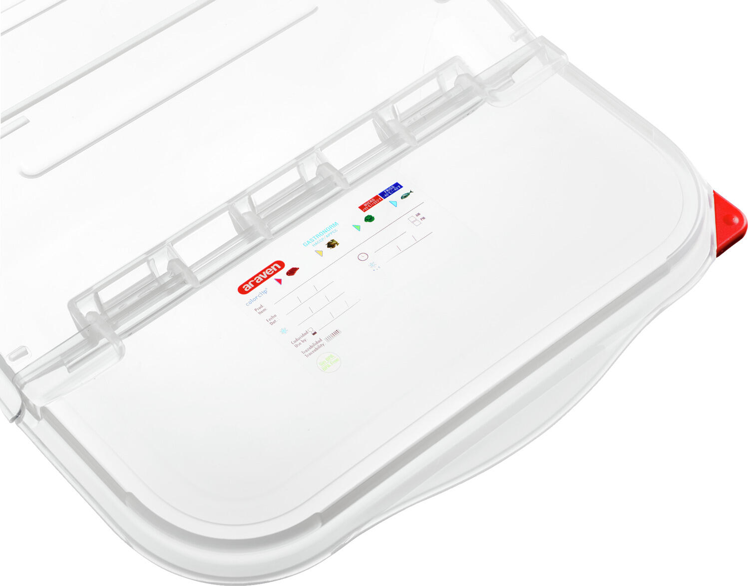 Containor Universal Araven FIFO GN 2/3, 16L Transparent pentru Alimente, Conform HACCP cu Clipuri Colorate, Stivuibil, 20x34x41.5cm