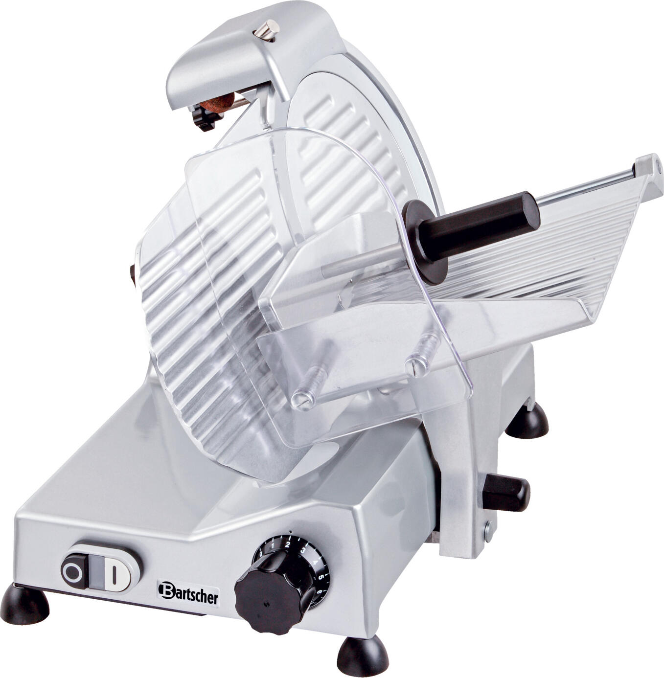 Bartscher Bartscher GmbH Slicer 250 Aufschnittmaschine 250 Slicer 250; 43x51x37.5 cm (WxDxH); silver/transparent/black Aufschnittmaschine 250; 43x51x37.5 cm (BxTxH); silber/transparent/schwarz Slanted slicer - ideal for slicing sausage, cheese and baked goods. Variable thickness slicing. Housing made of aluminum, stainless. Non-slip plastic feet. Including universal blade. Two years warranty. Please order additional blades at the same time. Connected load: 0.24 kW/230 V; Slicing length/height/thickness: 21/14/1-12mm; Speed/min: 282. Schrägschneider mit einem Aluminium Gehäuse, rostfrei. Ideal zum Schneiden von Wurst, Käse und Backwaren geeignet. In verschiedenen Stärken einstellbar. Rutschsichere Kunststoff-Füße. Inkl. Universal-Schneidscheibe. Zwei Jahre Gewährleistung. Weitere Schneidscheiben gleich mitbestellen. Anschlusswerte: 0,24 kW/230 V; Schnitt Länge/Höhe/Stärke: 21/14/1-12 mm; Drehzahl/min: 282.