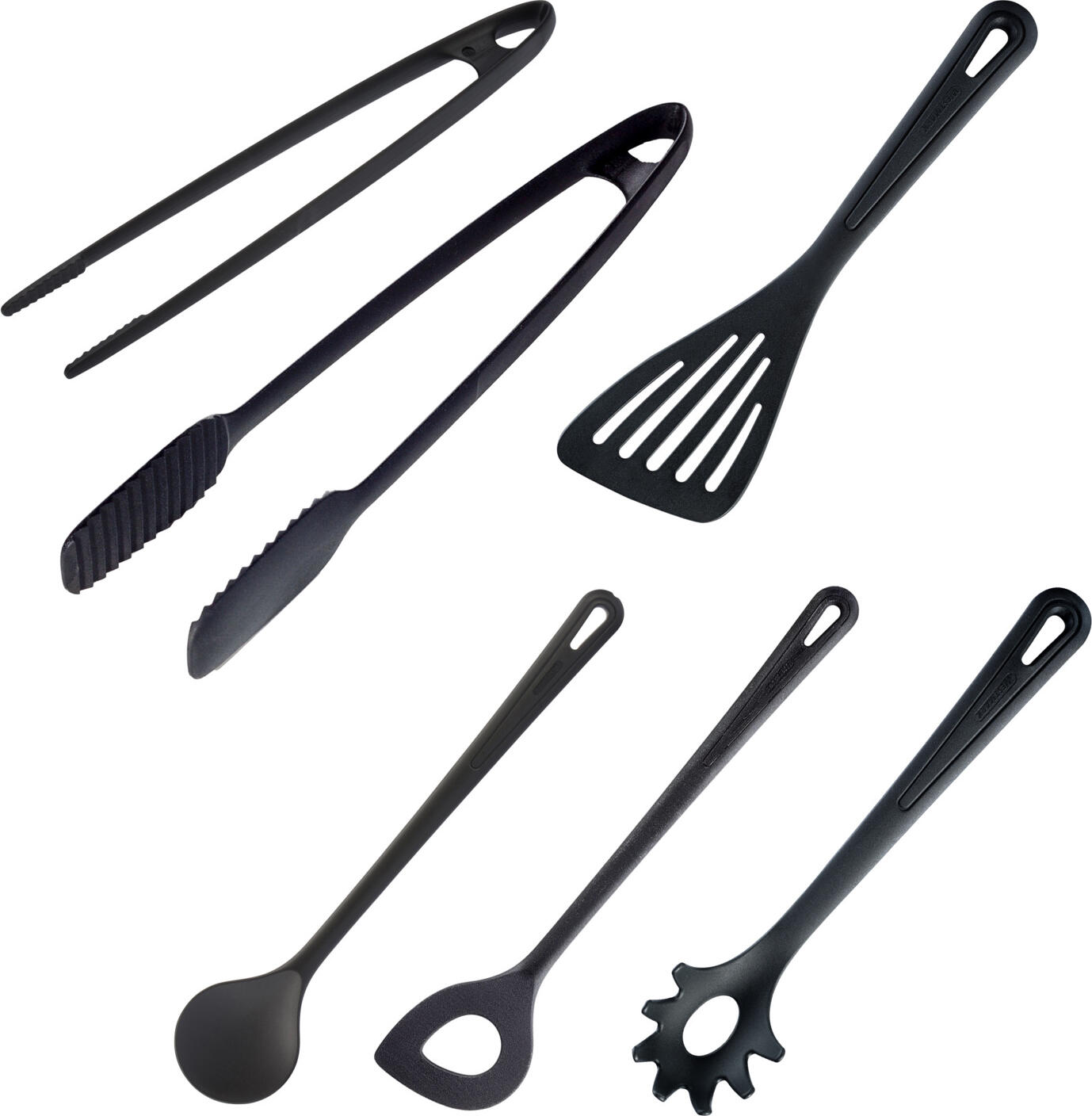Westmark Westmark GmbH Kitchen utensils set Gentle 6-piece Küchenutensilien-Set Gentle 6-teilig Kitchen utensils set Gentle 6-piece; 33x7 cm (LxW); black Küchenutensilien-Set Gentle 6-teilig; 33x7 cm (LxB); schwarz Practical, 6-piece kitchen aid set made of high quality polyamide. Ideally suited for use in coated cookware. Consisting of frying and serving tongs, spatula, stirring spoon, frying and serving tweezers, pointed cooking spoon and spaghetti/serving spoon. Heat resistant up to 210 °C. Suitable for dishwasher. Praktisches, 6-teiliges Küchenhelfer-Set aus hochwertigem Polyamid. Ideal geeignet für den Einsatz in beschichtetem Kochgeschirr. Bestehend aus Brat- und Servierzange, Pfannenwender, Rührlöffel, Brat- und Servierpinzette, Spitzkochlöffel und Spaghetti-/Servierlöffel. Hitzebeständig bis 210 °C. Spülmaschinengeeignet.