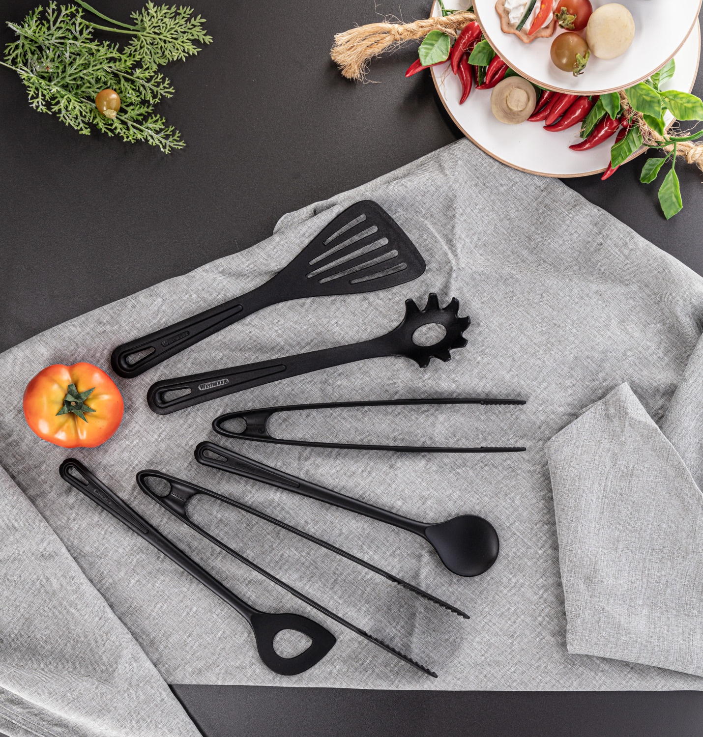 Westmark Gentle Kitchen Utensils Set, 6-Piece High Quality Polyamide Cooking Tools, Heat Resistant to 210°C, Dishwasher Safe, Black, for Coated Cookware